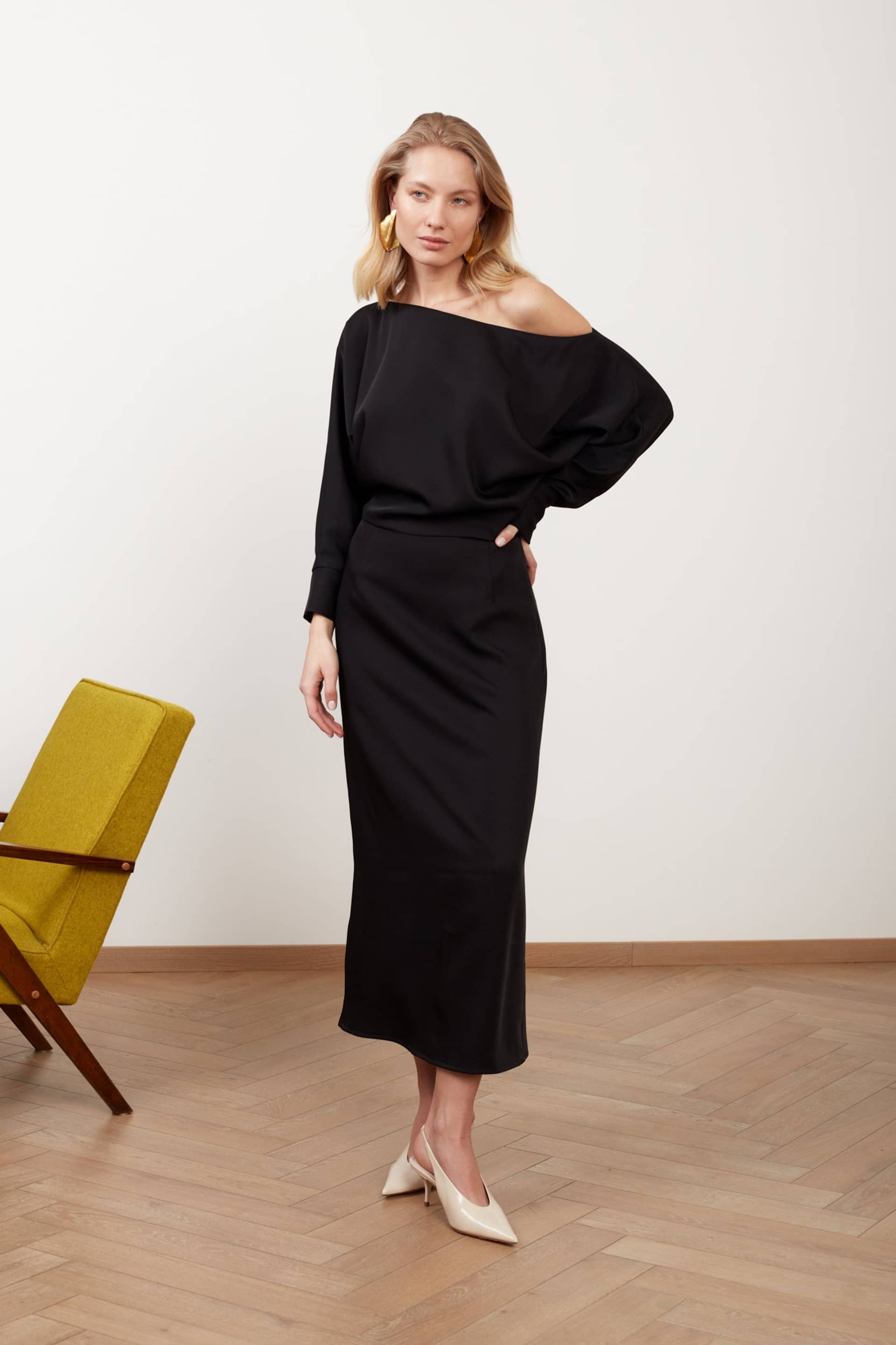 AGALIA black work to evening off-the-shoulder midi dress made by UNDRESS