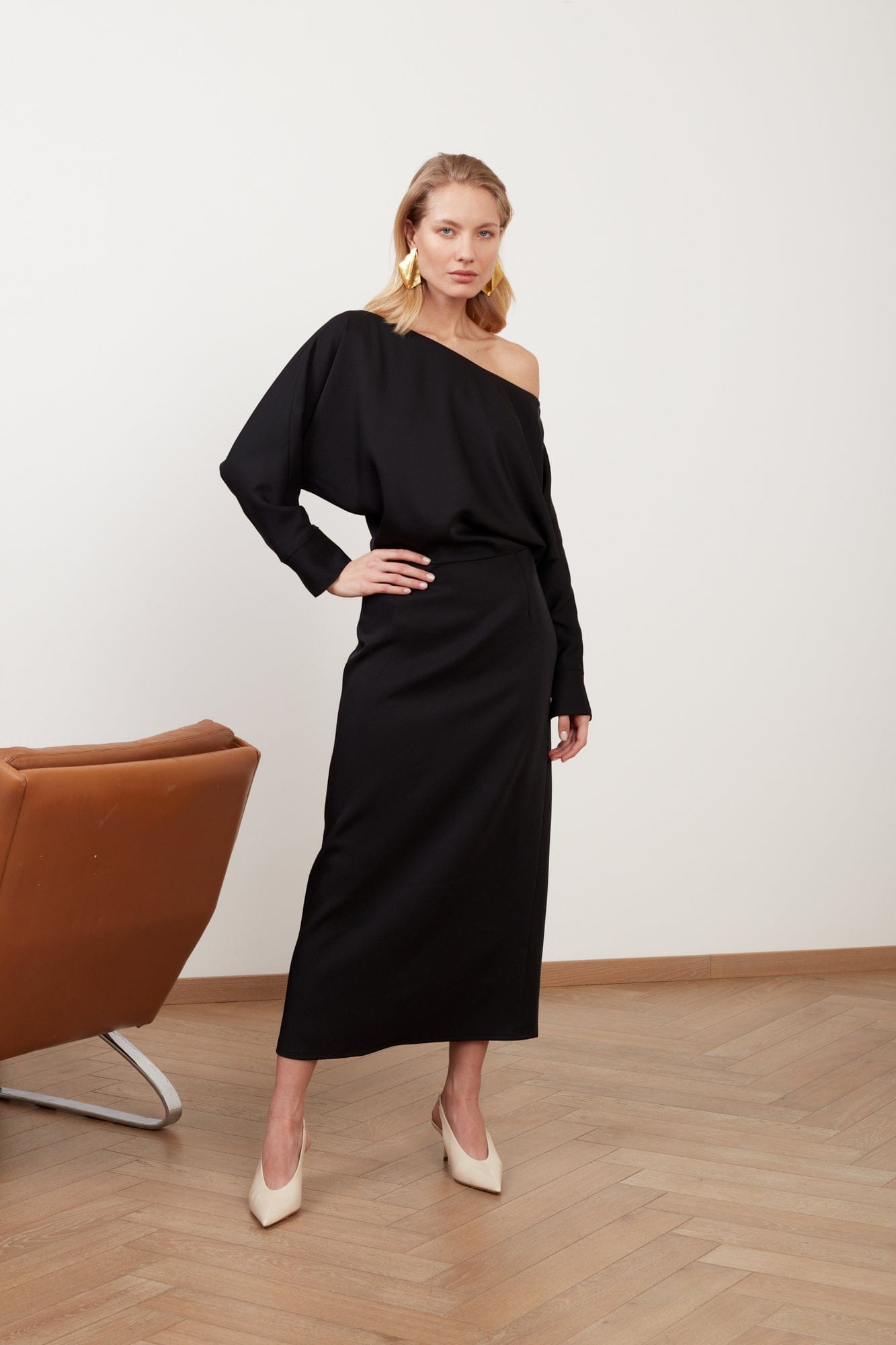 AGALIA black work to evening off-the-shoulder midi dress made by UNDRESS