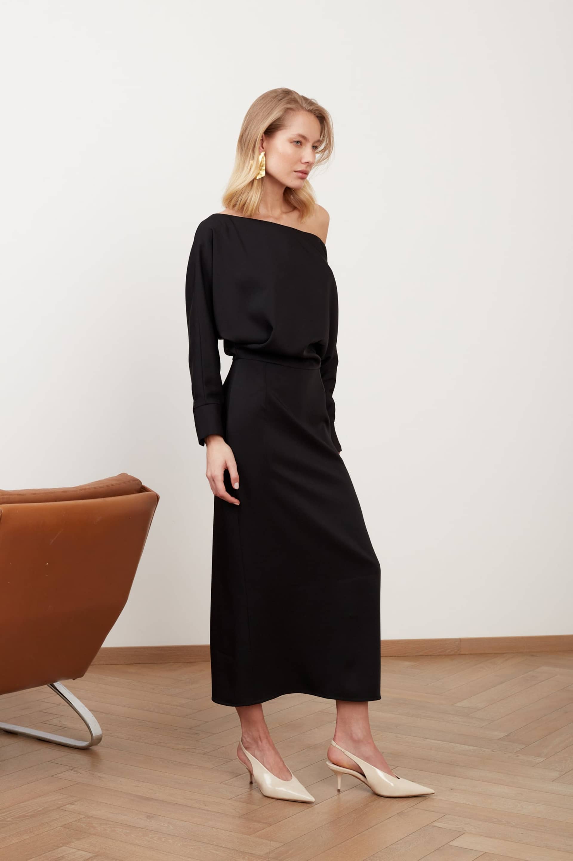 AGALIA black work to evening off-the-shoulder midi dress made by UNDRESS