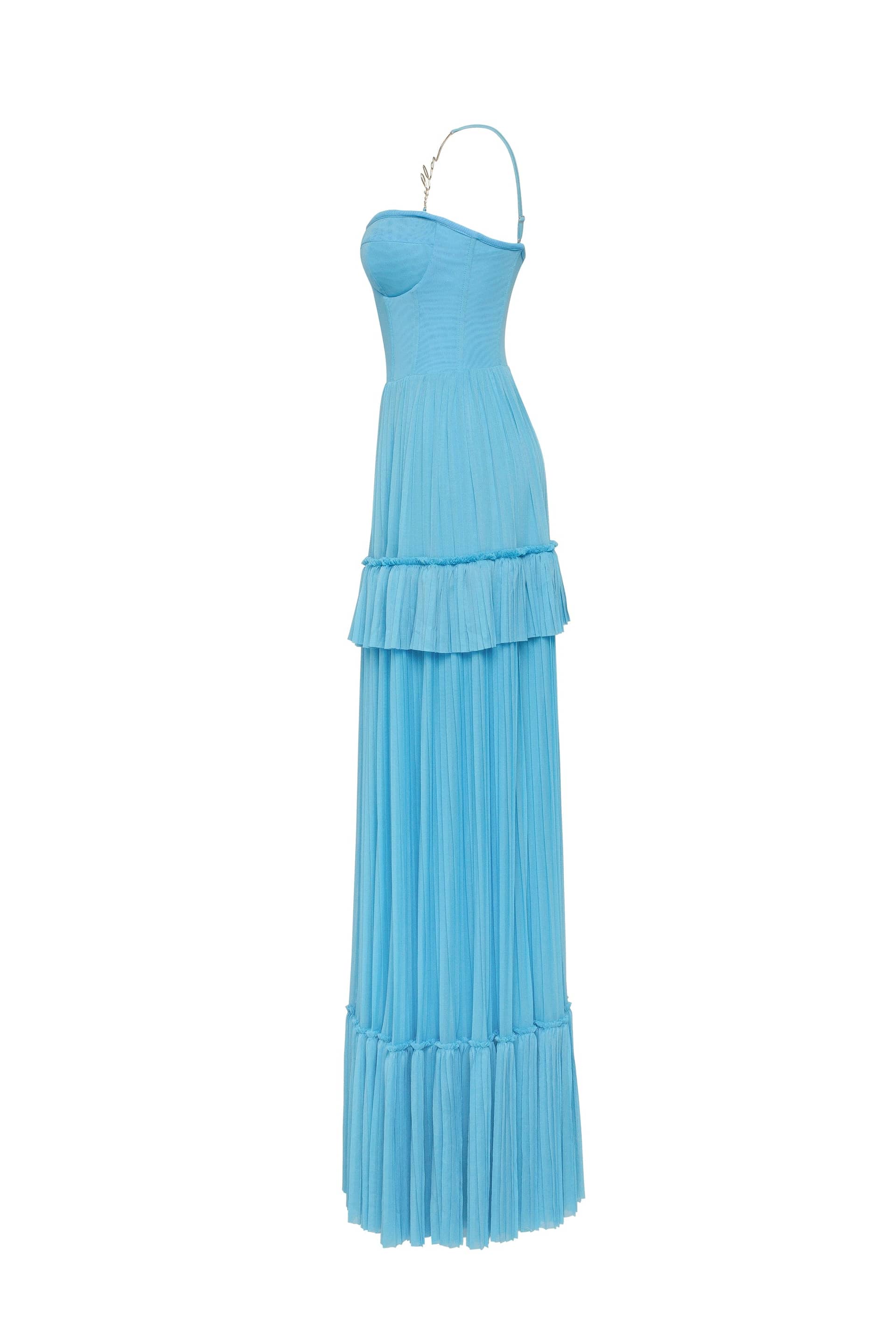 Sky-blue spaghetti strap pleated maxi dress, Garden of Eden made by Milla