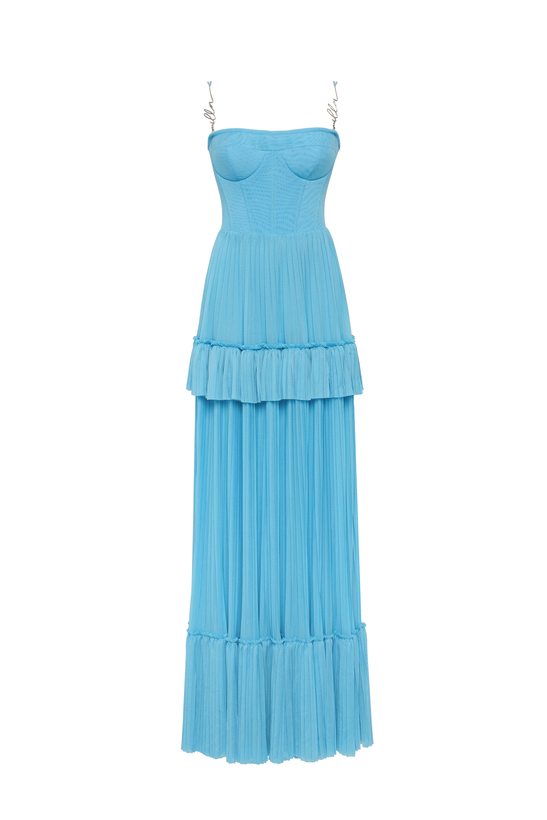 Sky-blue spaghetti strap pleated maxi dress, Garden of Eden made by Milla