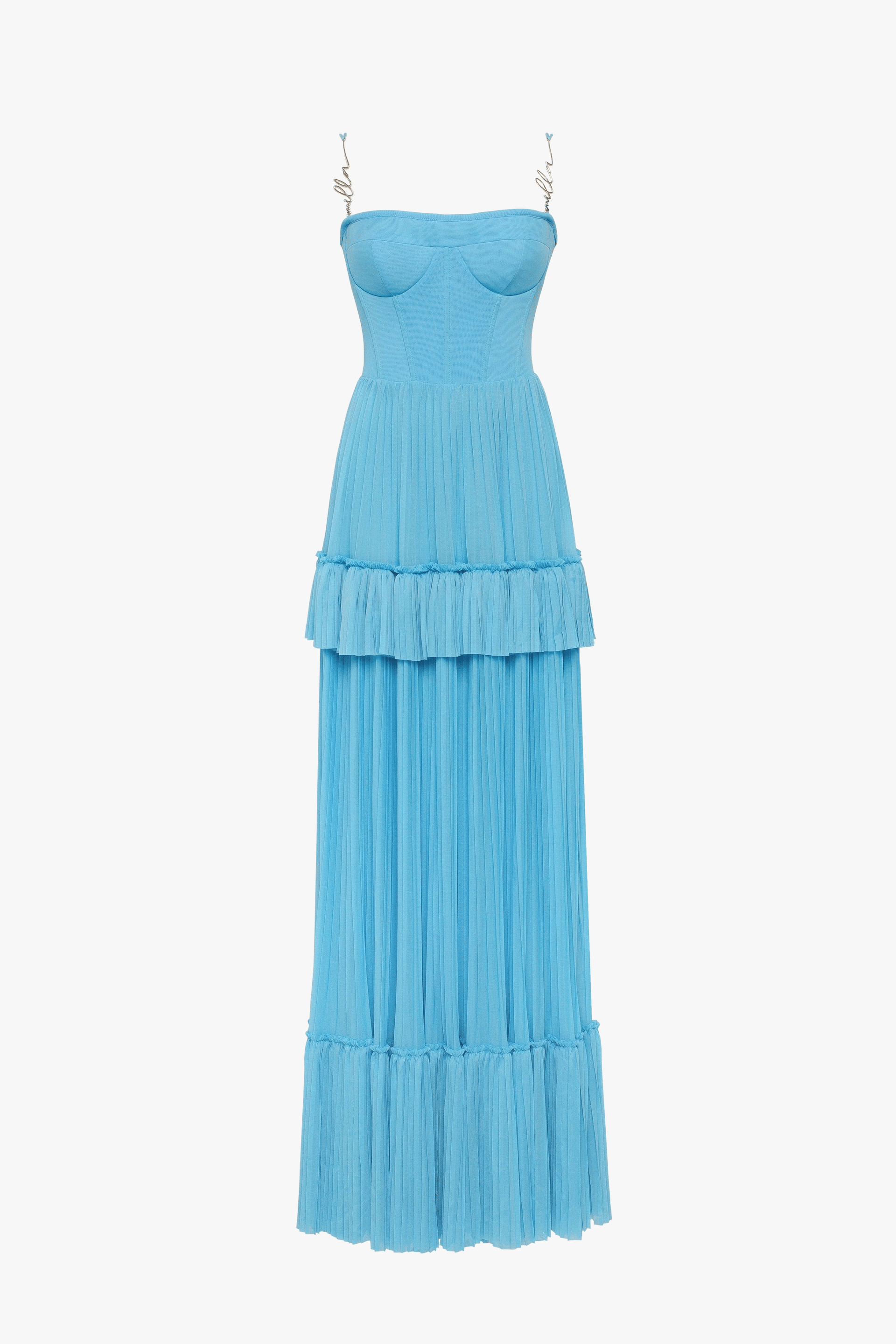 Sky-blue spaghetti strap pleated maxi dress, Garden of Eden made by Milla