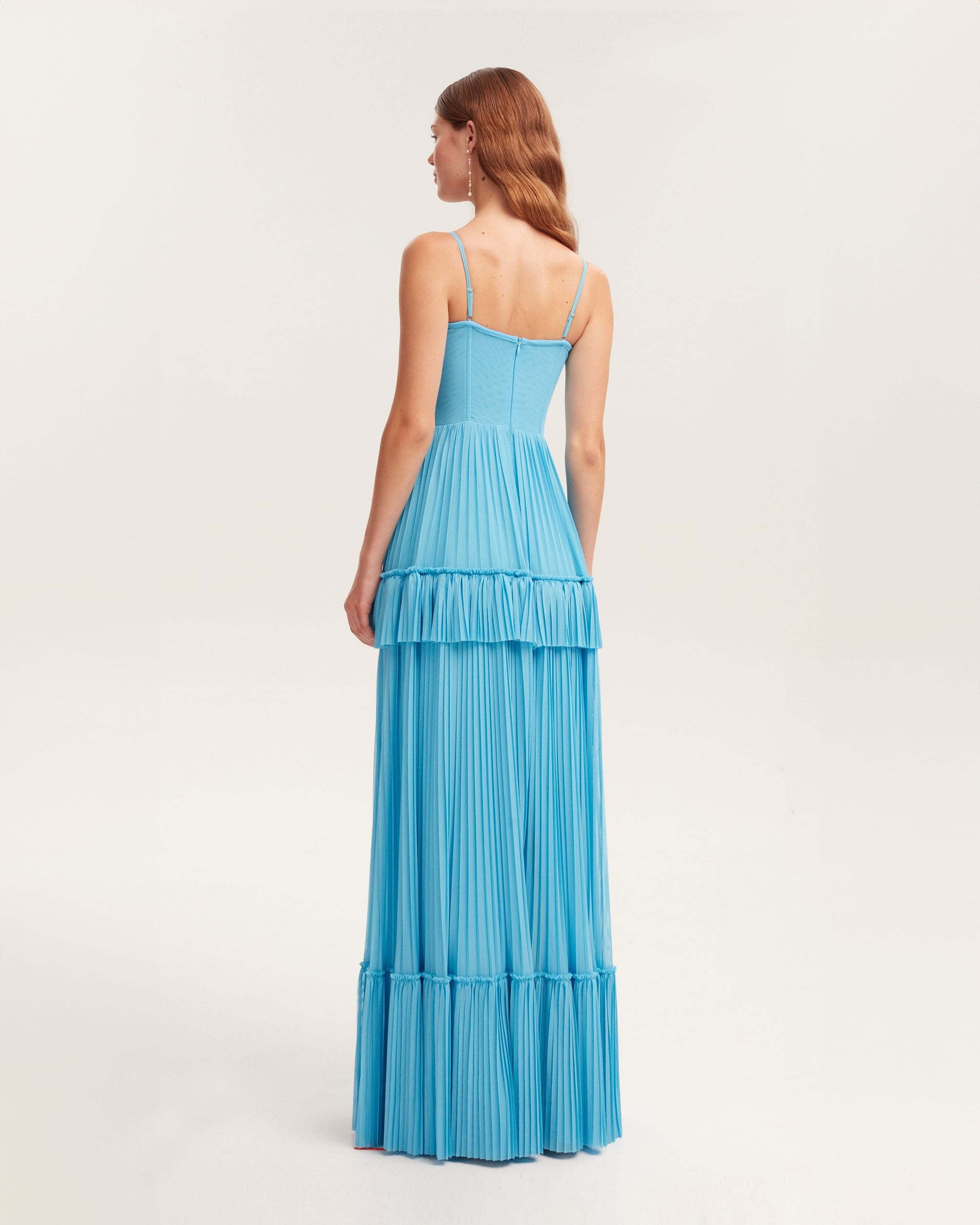 Sky-blue spaghetti strap pleated maxi dress, Garden of Eden made by Milla