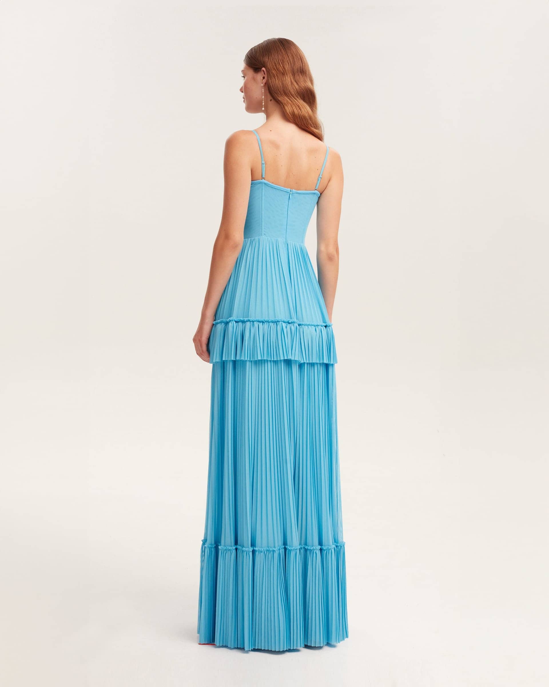 Sky-blue spaghetti strap pleated maxi dress, Garden of Eden made by Milla