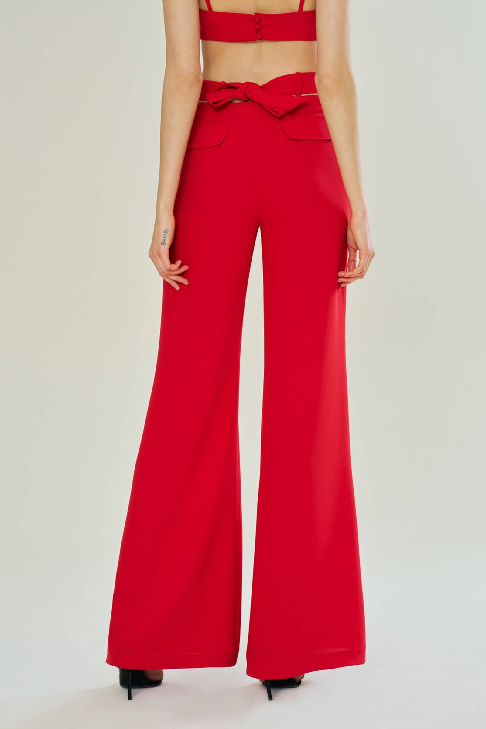 Red Belle Belted Silhouette Trousers made by Declara