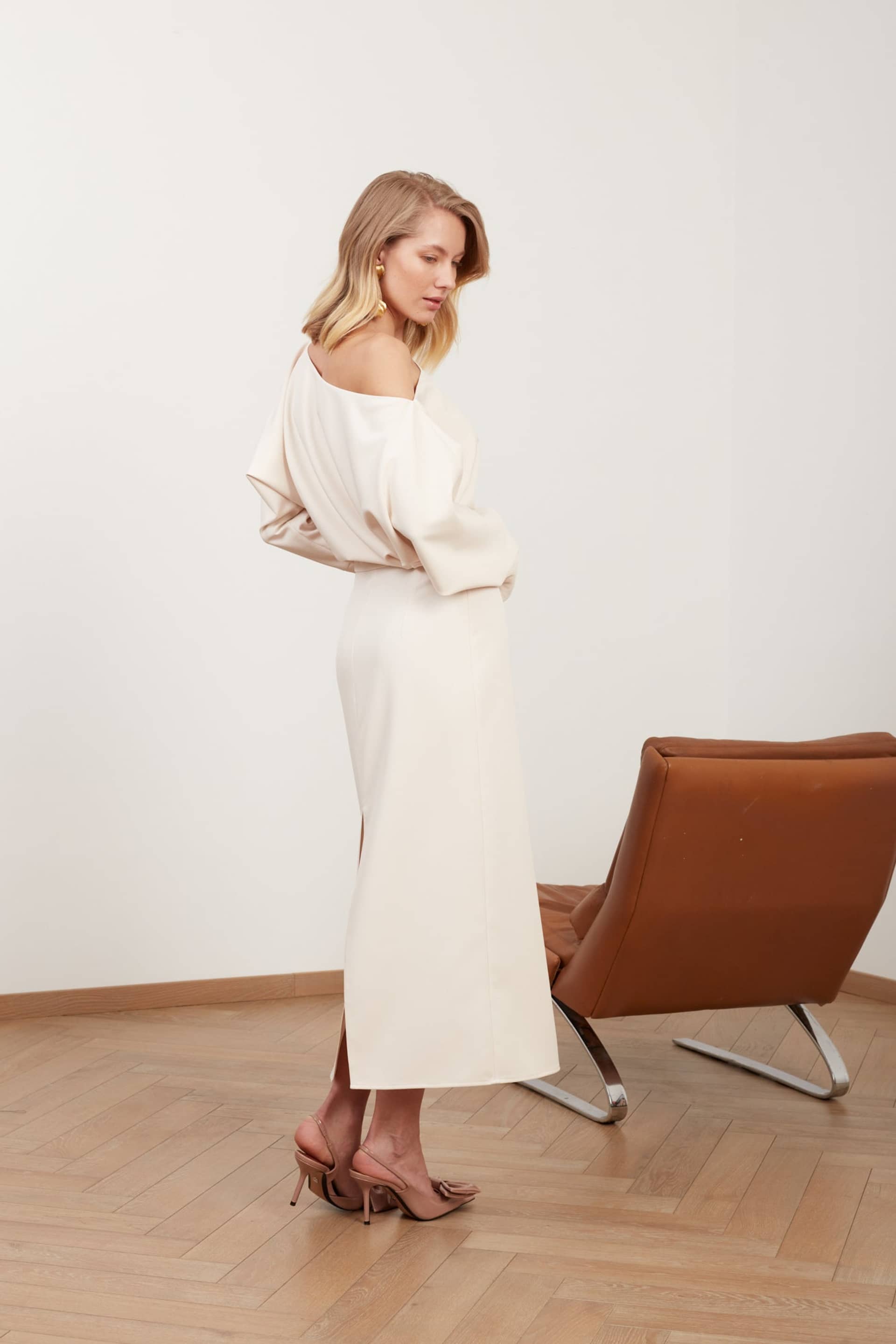 AGALIA cream off-the-shoulder midi dress made by UNDRESS