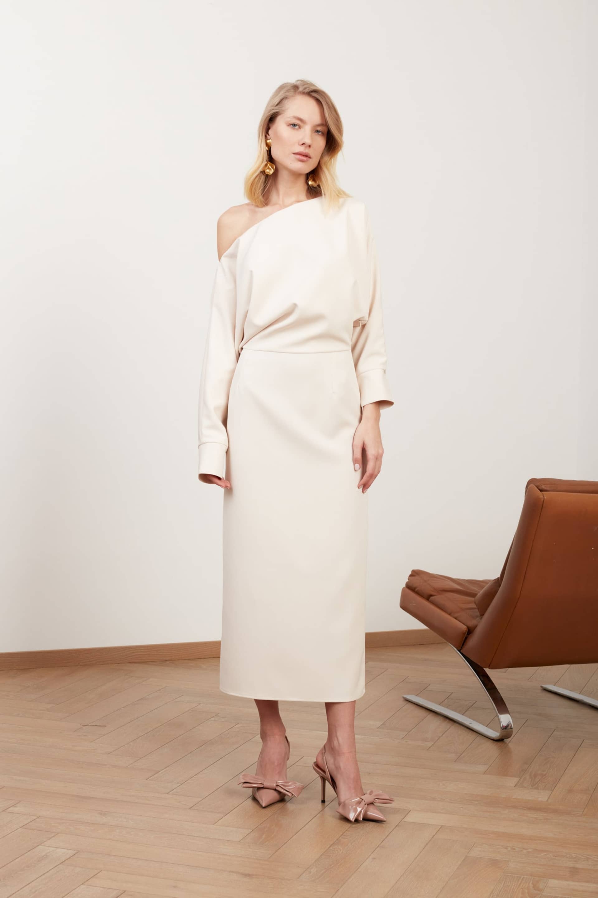 AGALIA cream off-the-shoulder midi dress made by UNDRESS