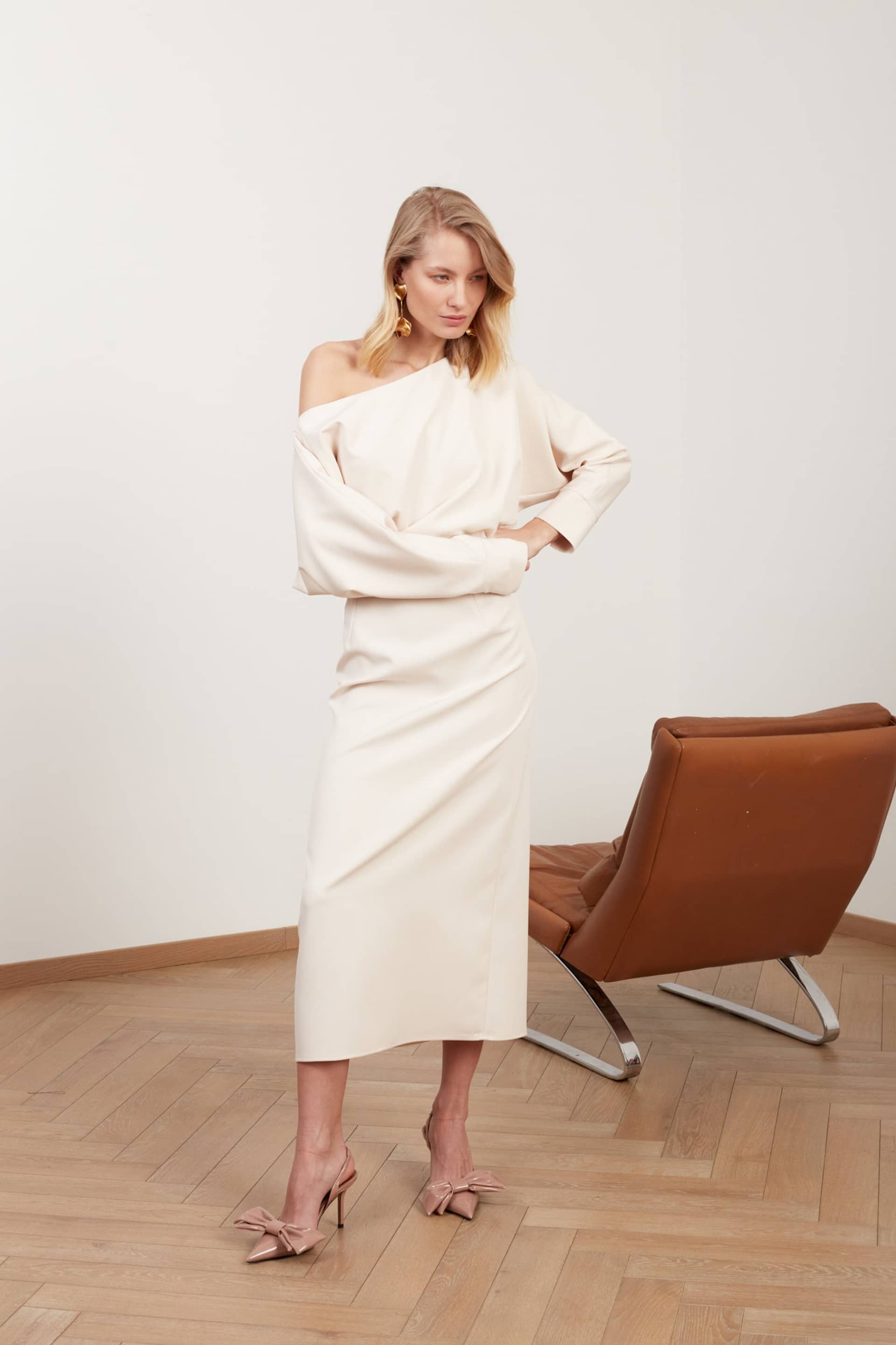AGALIA cream off-the-shoulder midi dress made by UNDRESS