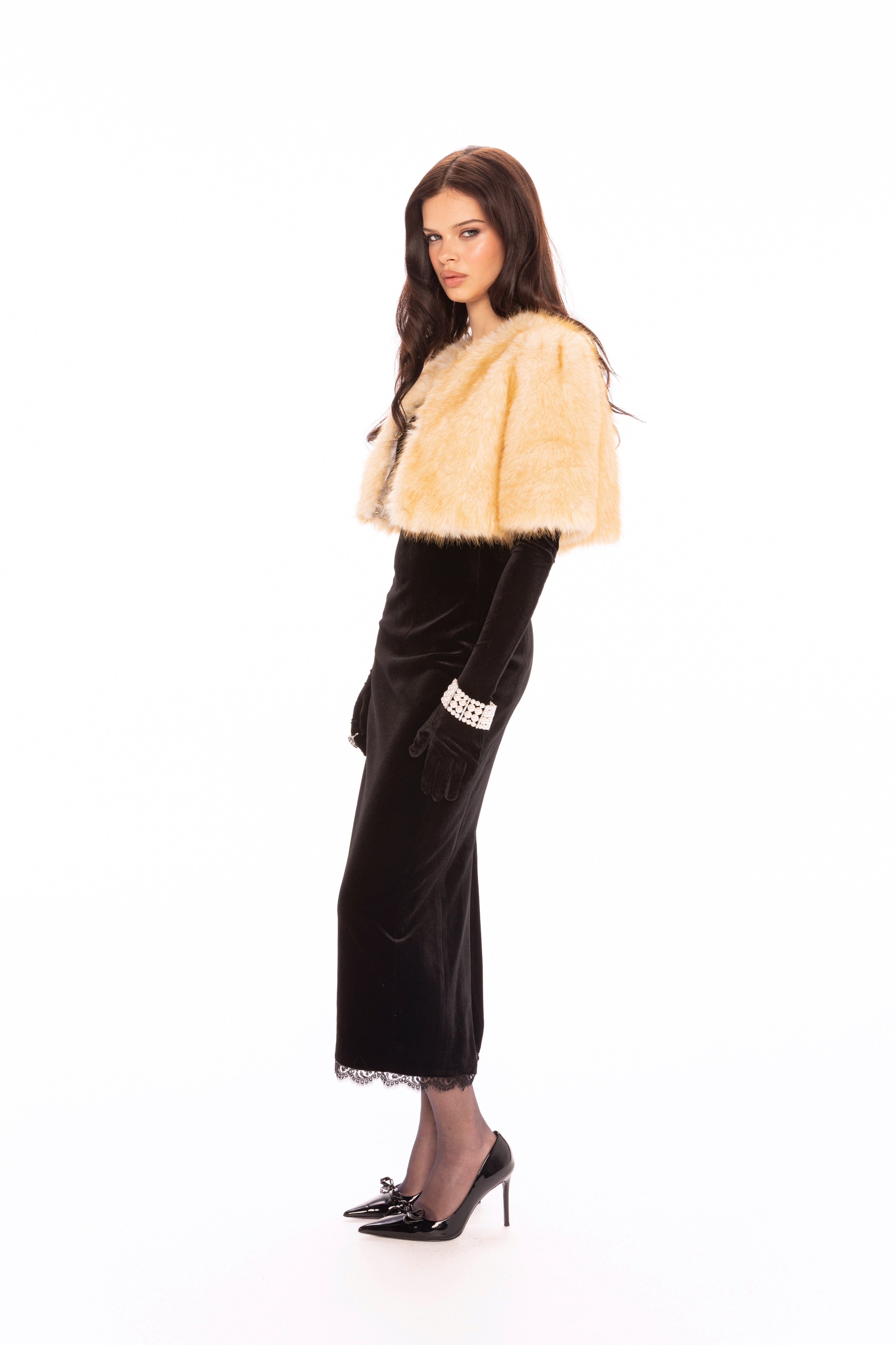 Thalia Cropped Faux Fur Jacket (Yellow) made by Nana Jacqueline