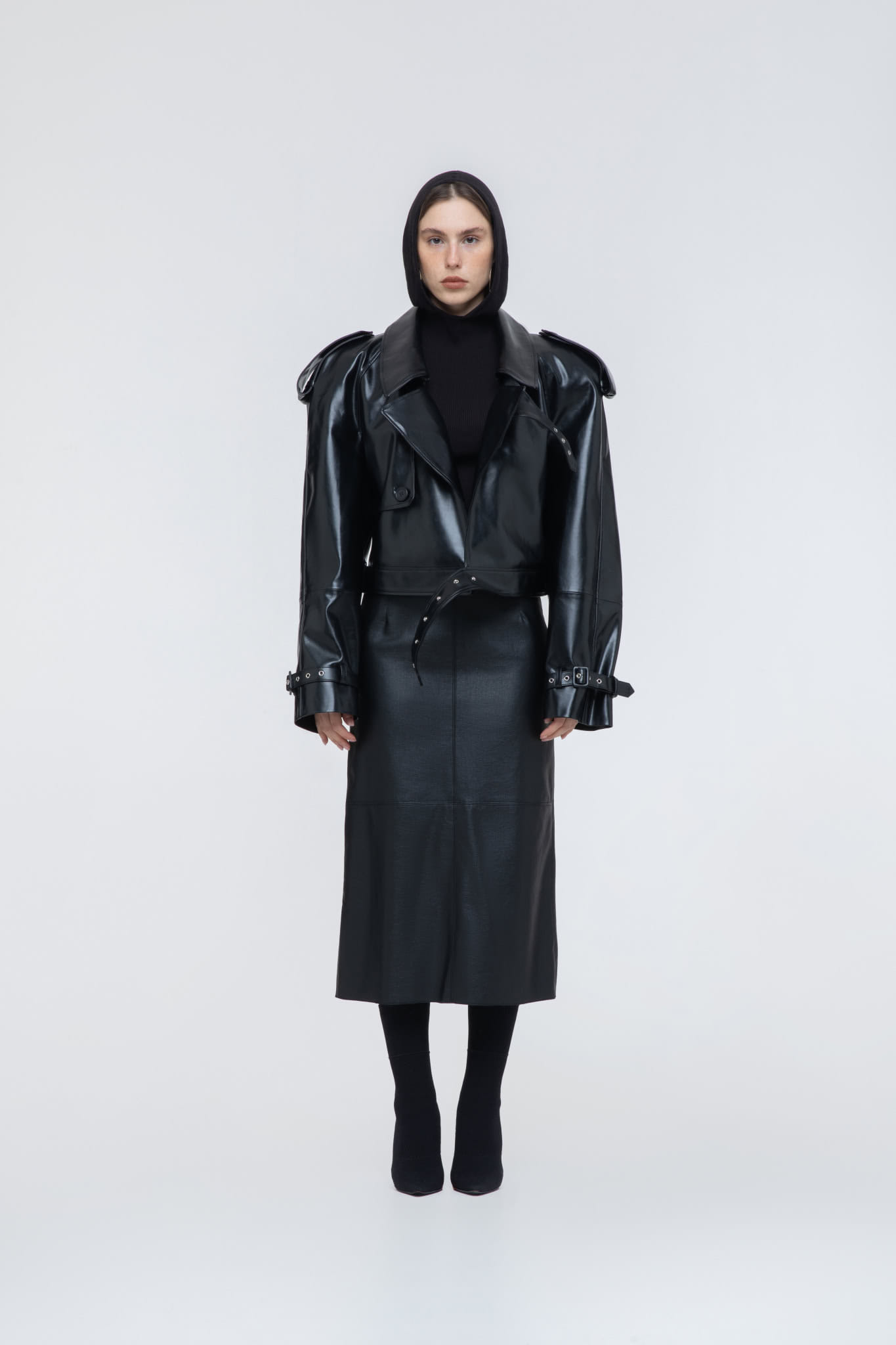 Cropped trench leather jacket in Black made by AFTERHOURS