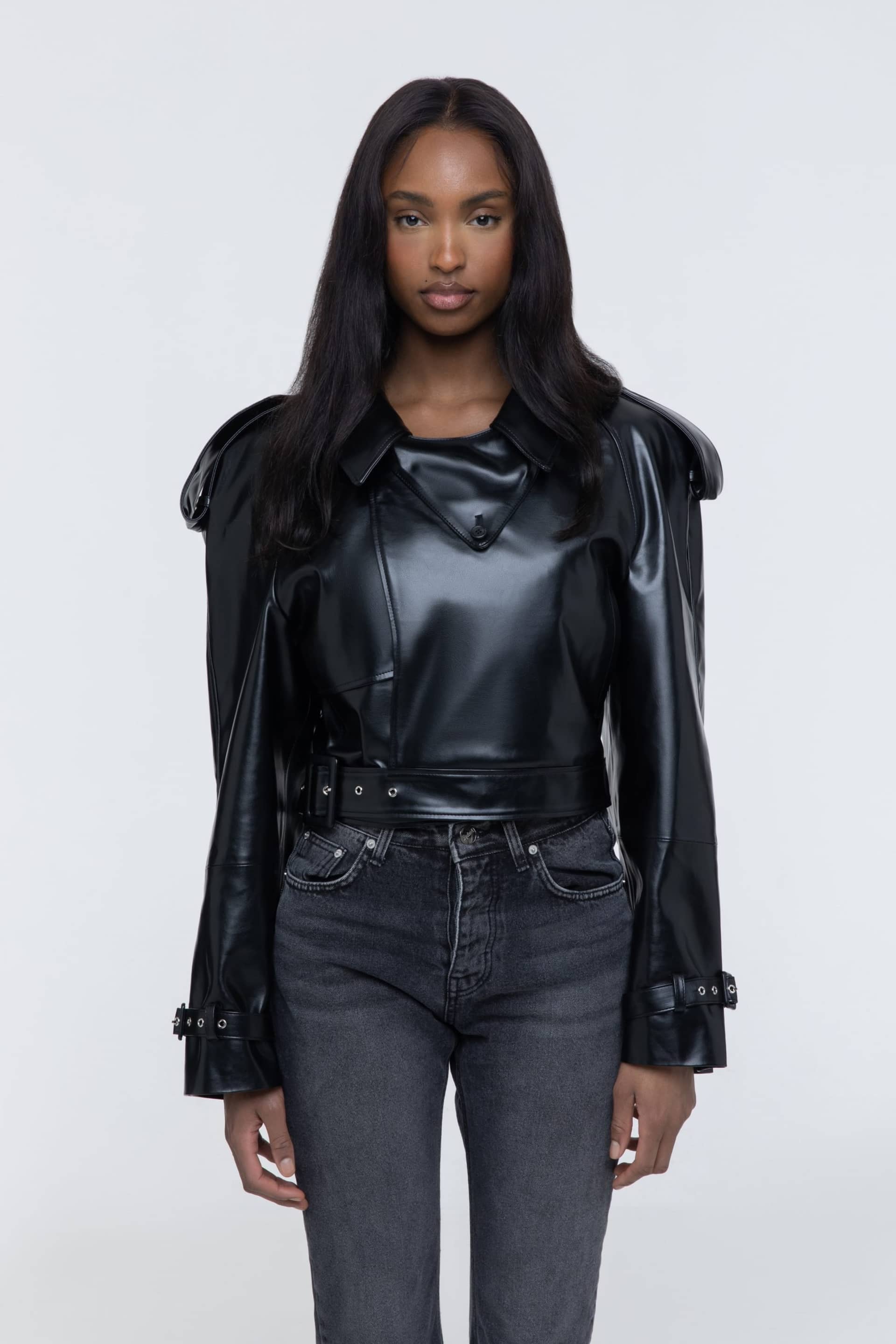 Cropped trench leather jacket in Black made by AFTERHOURS