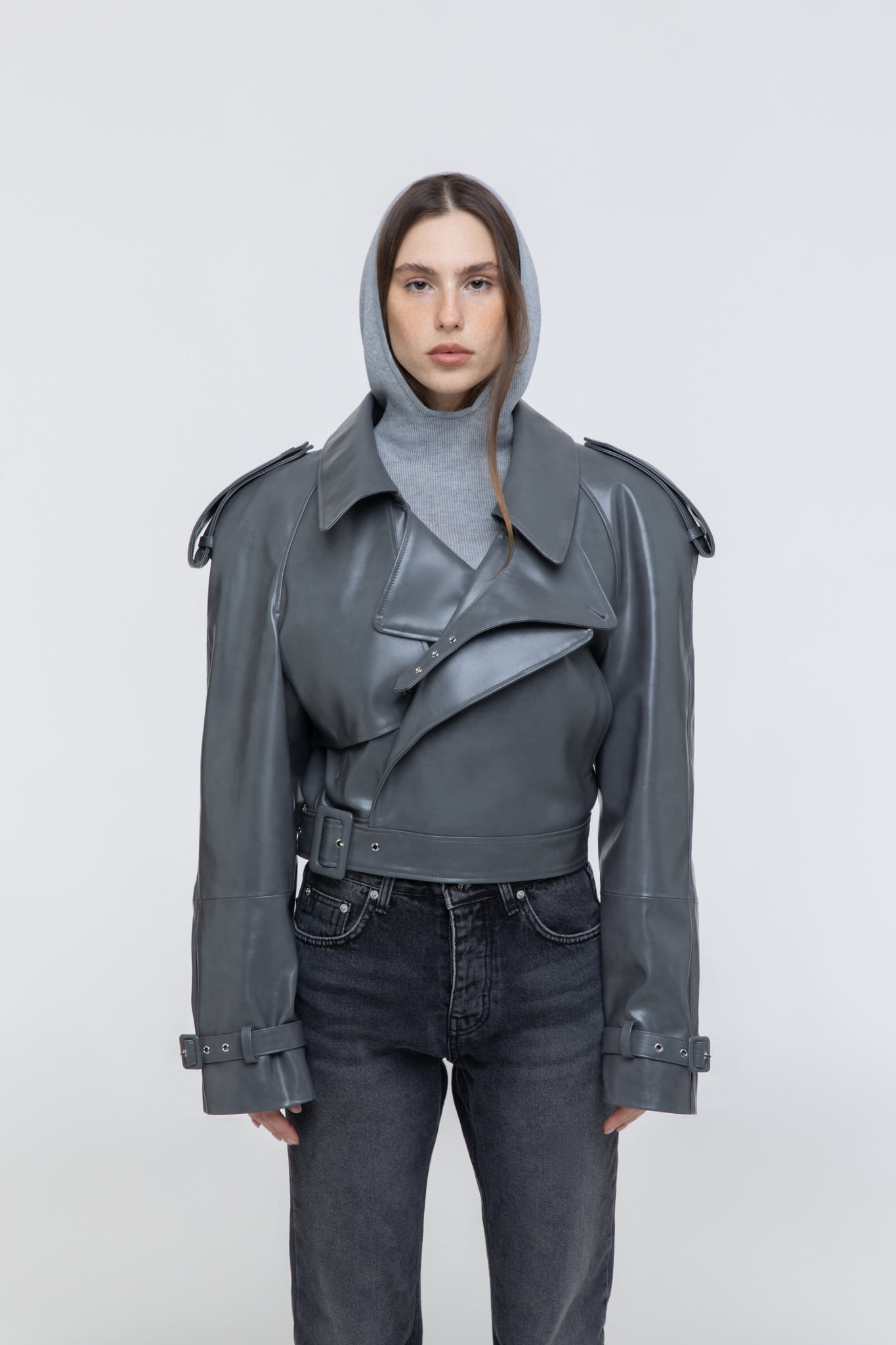 Cropped trench leather jacket in Grey made by AFTERHOURS
