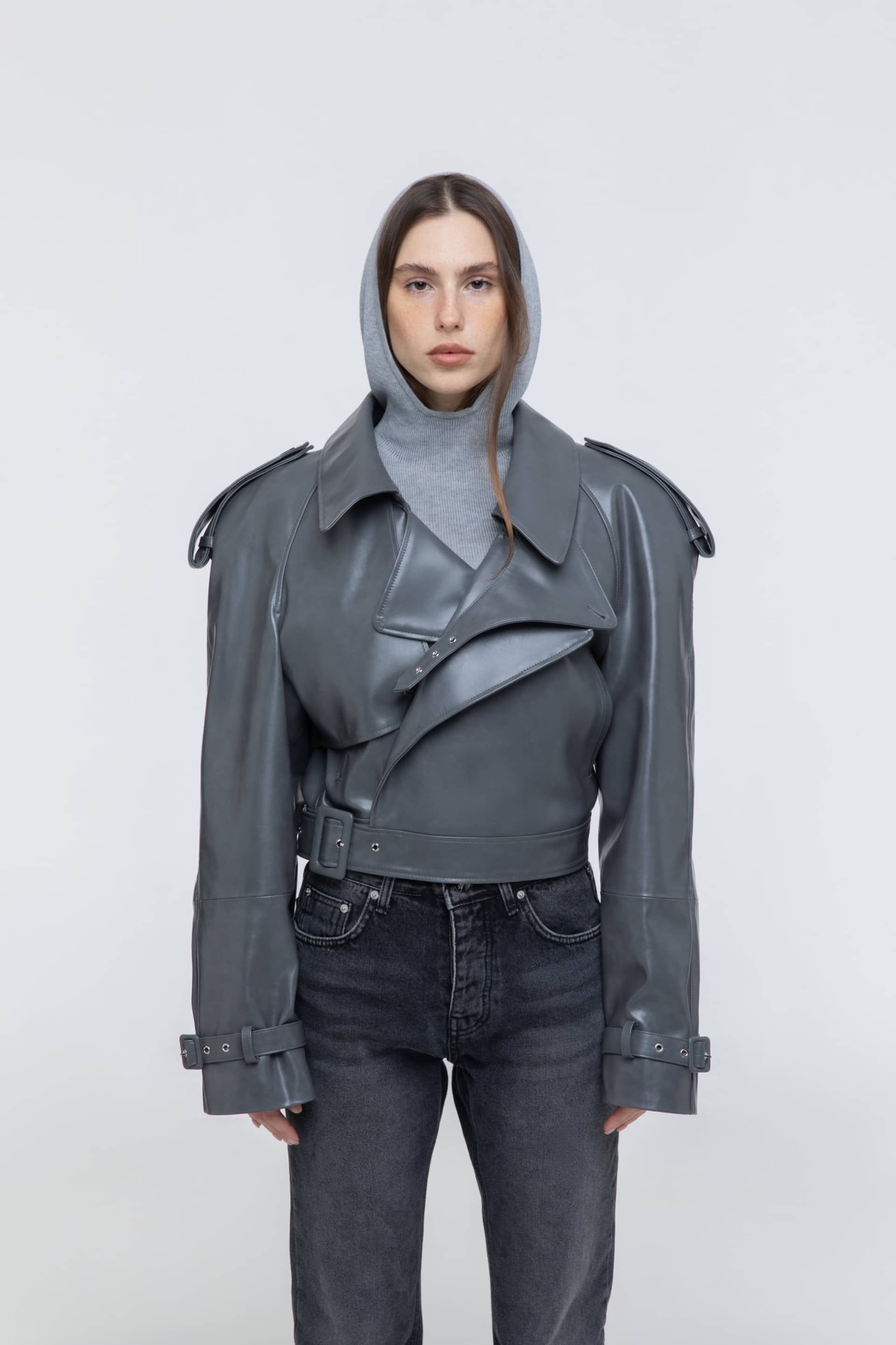 Cropped trench leather jacket in Grey made by AFTERHOURS