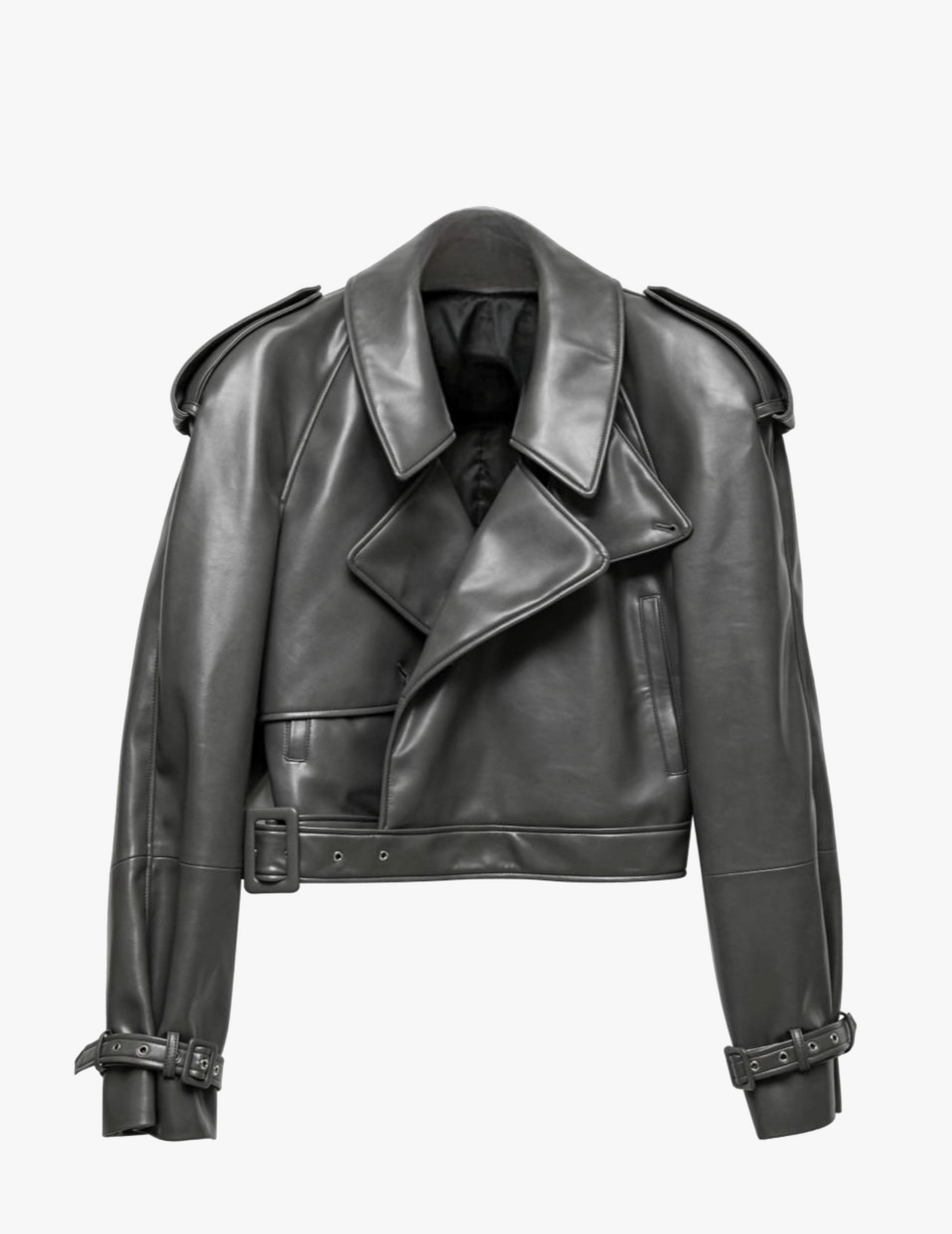 Cropped trench leather jacket in Grey made by AFTERHOURS