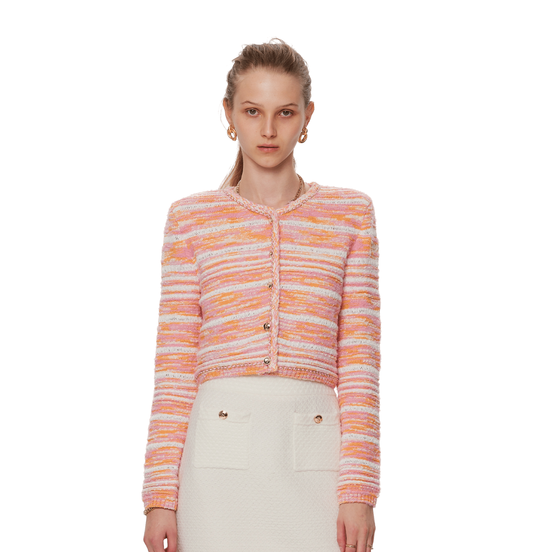 GRADIENT-STRIPED CHAIN-DETAILED CREWNECK CARDIGAN made by CRUSH Collection