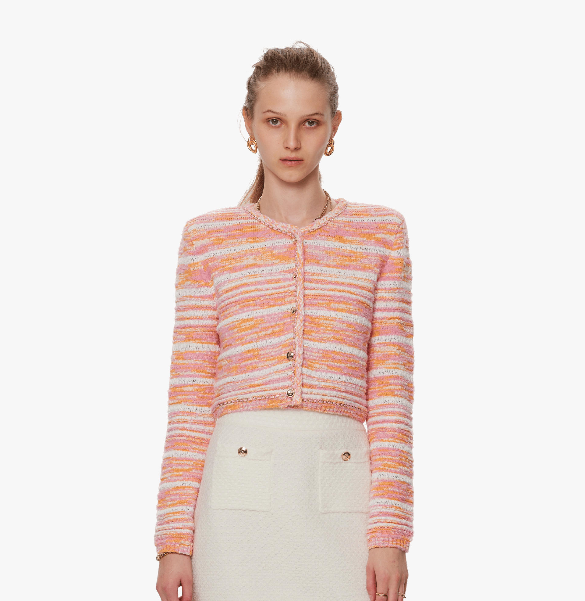 GRADIENT-STRIPED CHAIN-DETAILED CREWNECK CARDIGAN made by CRUSH Collection