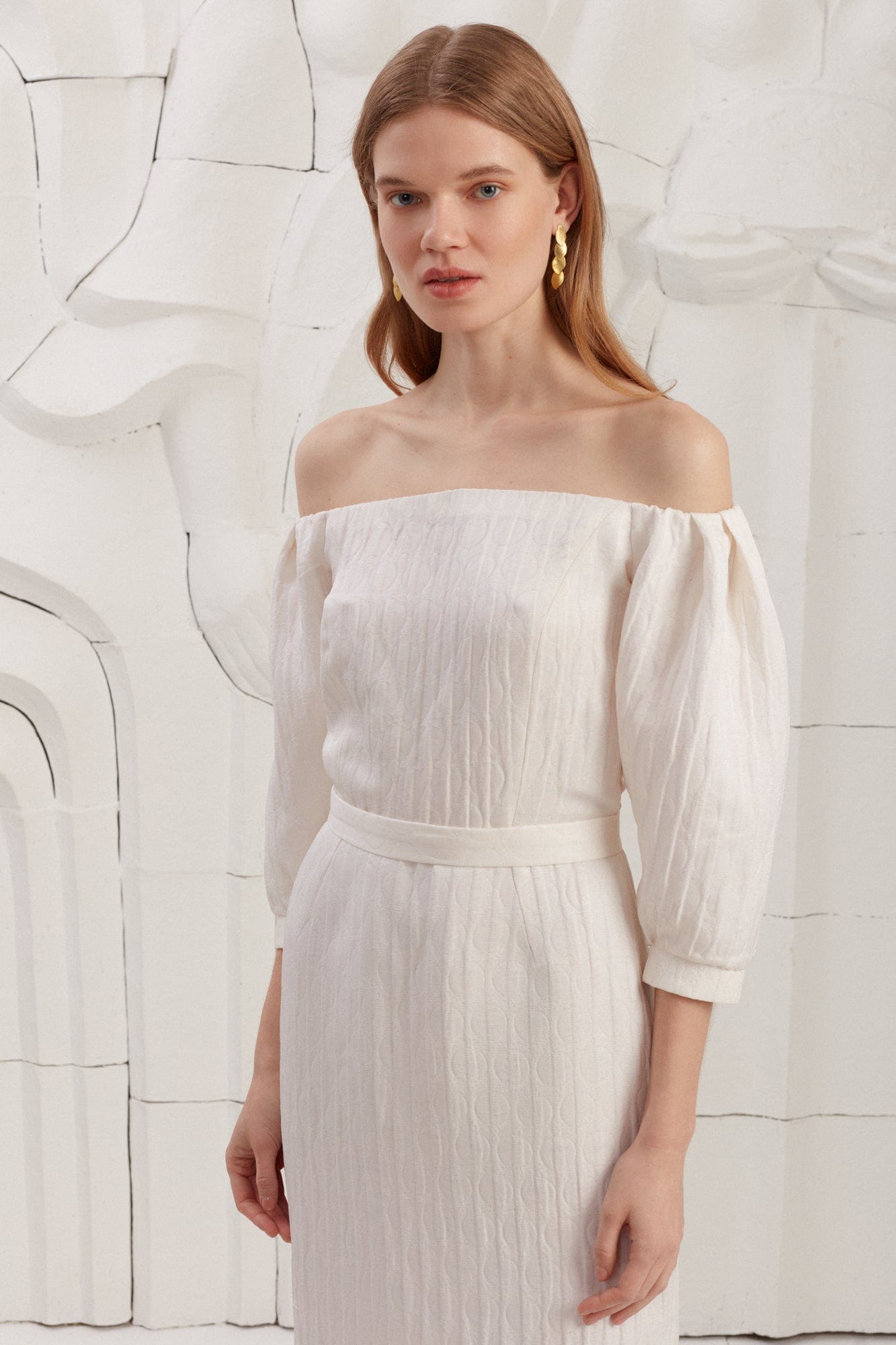 LIVA white textured silk open shoulder midi dress made by UNDRESS
