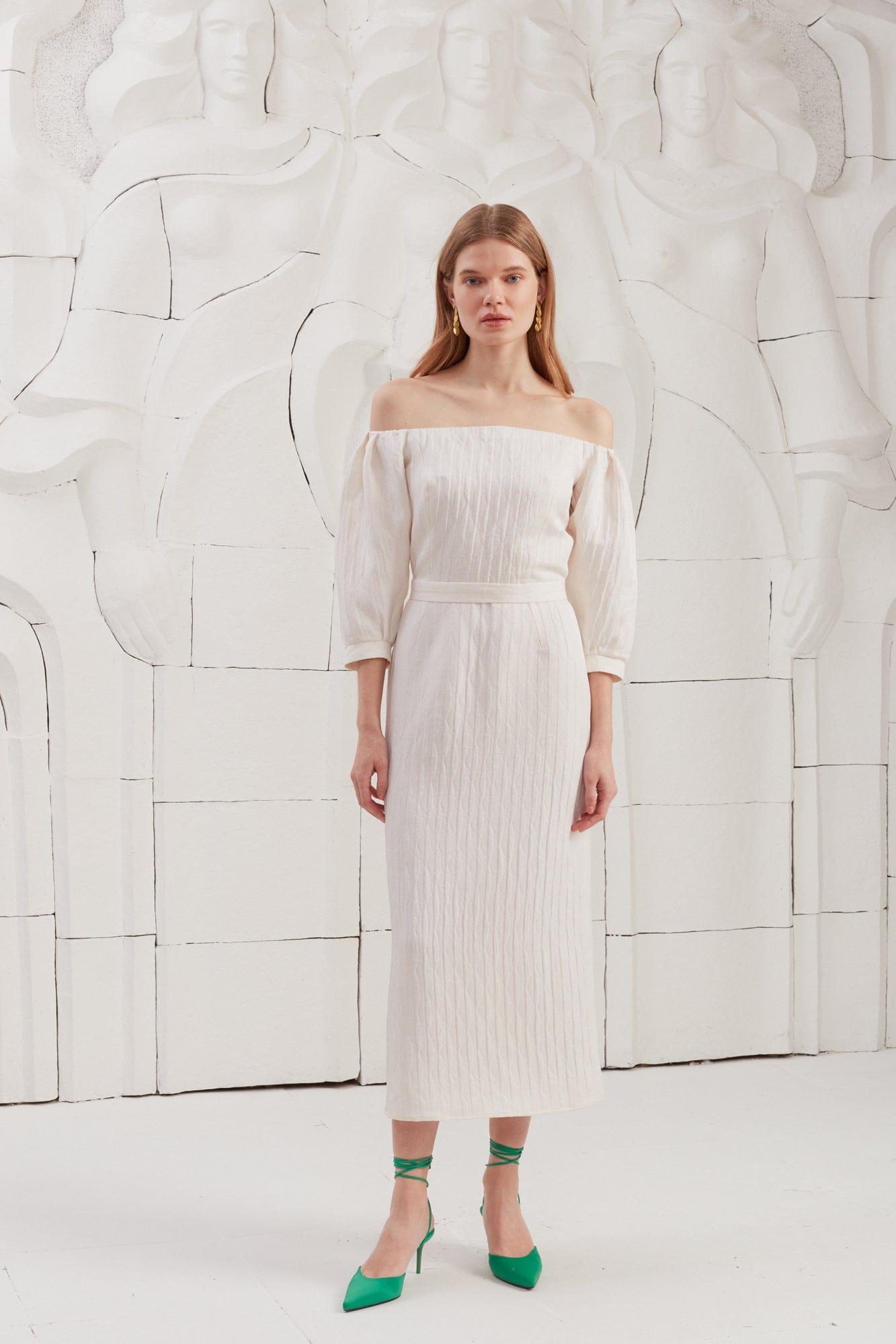 LIVA white textured silk open shoulder midi dress made by UNDRESS