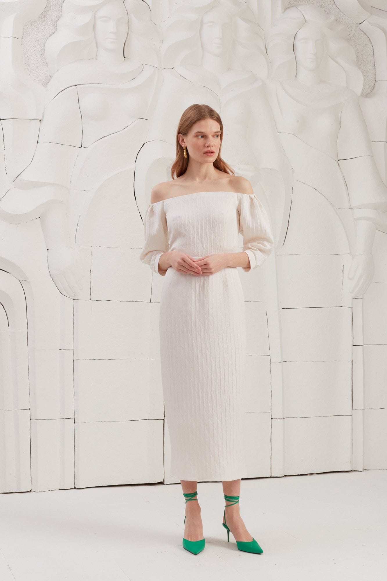 LIVA white textured silk open shoulder midi dress made by UNDRESS