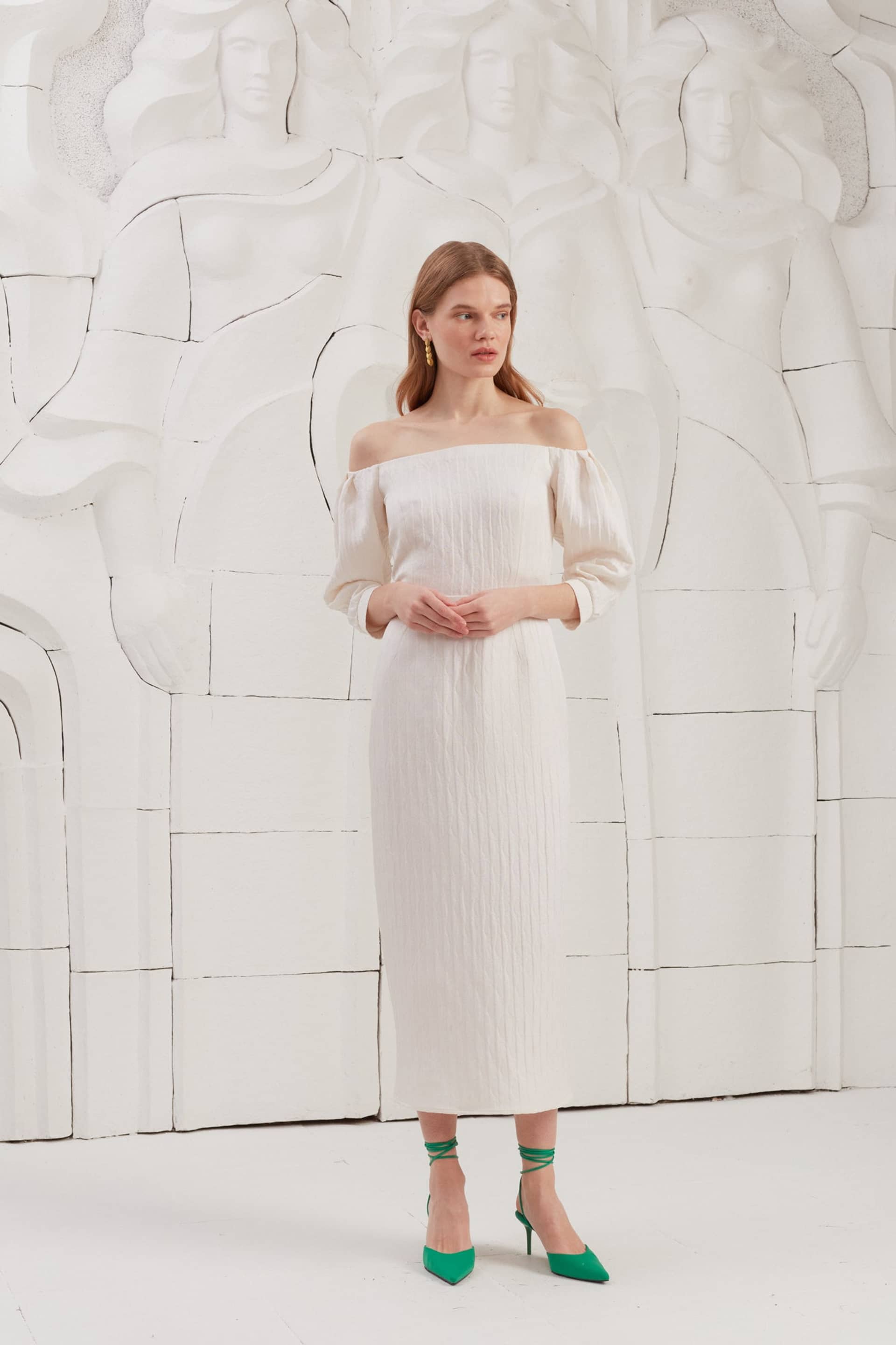 LIVA white textured silk open shoulder midi dress made by UNDRESS