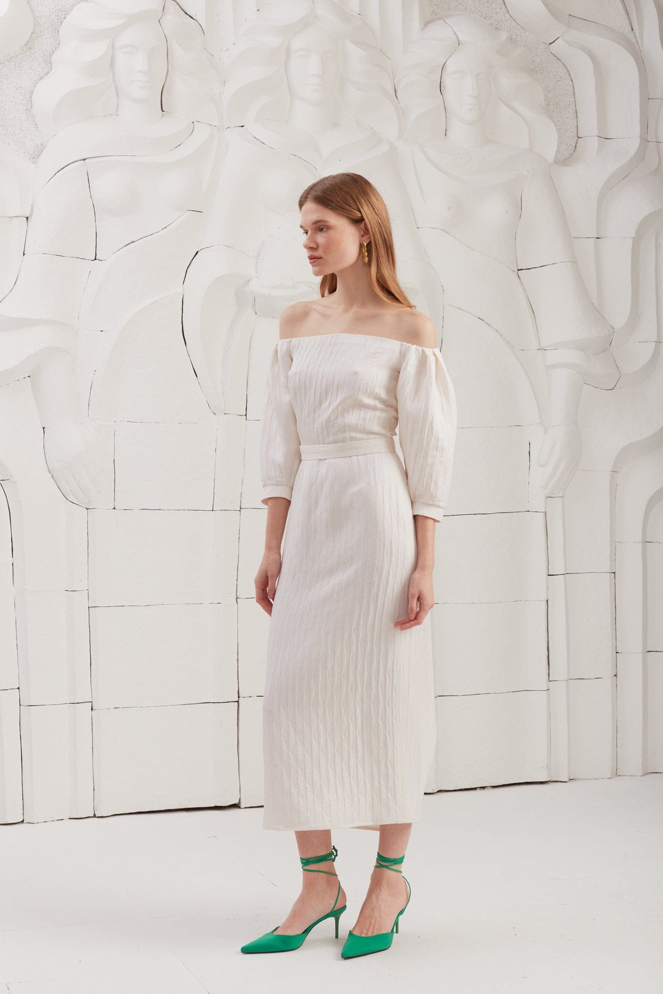 LIVA white textured silk open shoulder midi dress made by UNDRESS