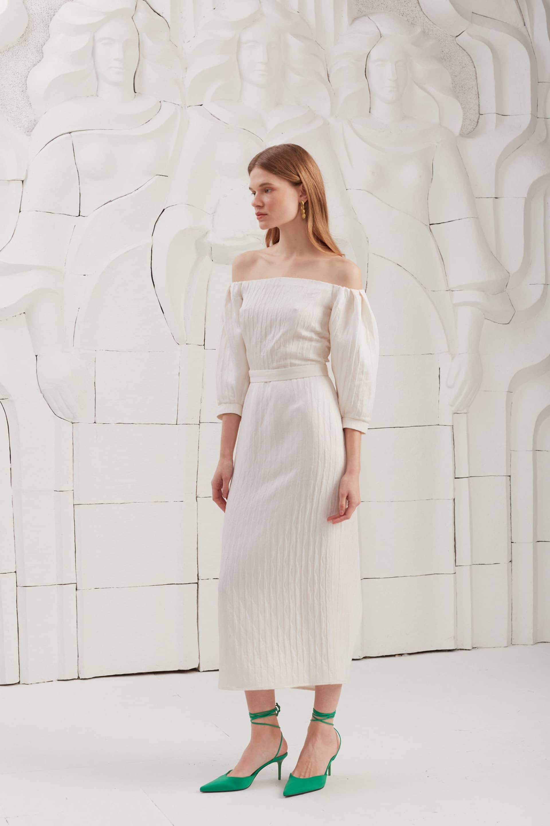 LIVA white textured silk open shoulder midi dress made by UNDRESS