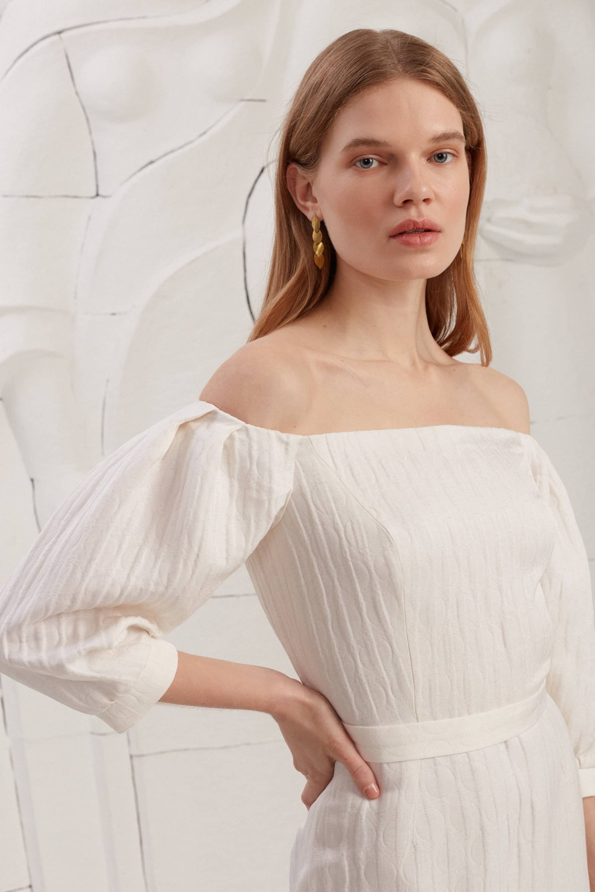 LIVA white textured silk open shoulder midi dress made by UNDRESS