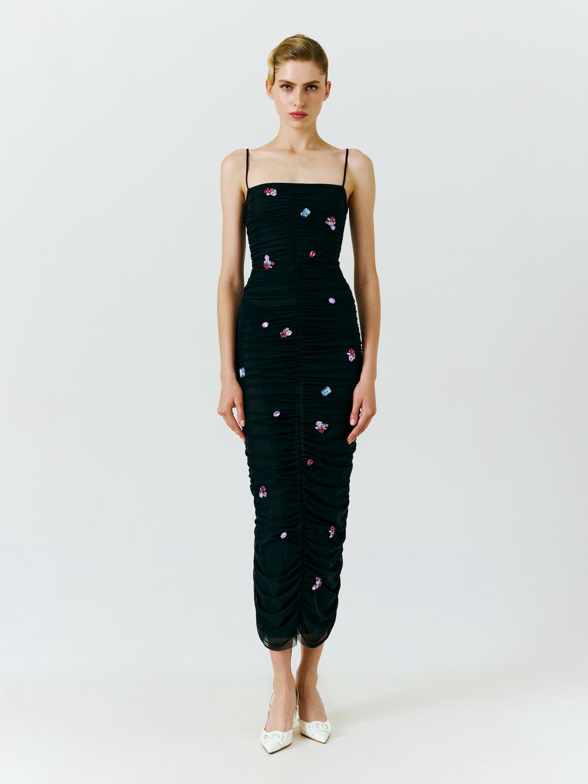 Embellished Ruched Mesh Midi Dress made by NDS The Label