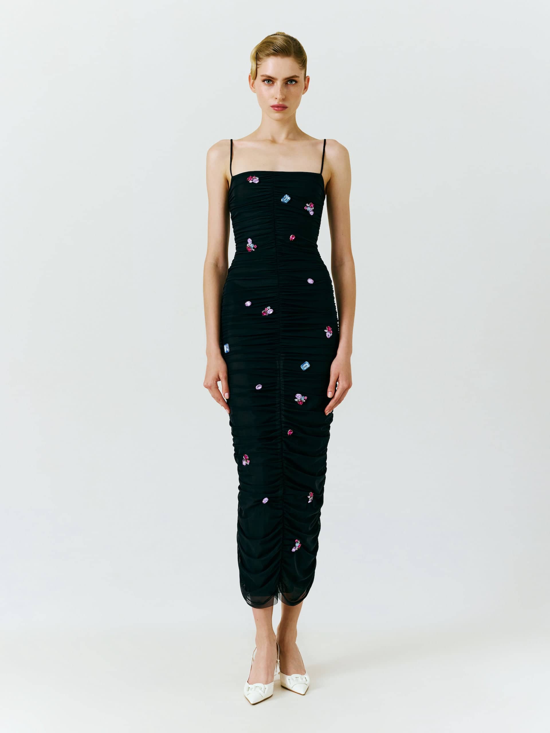 Embellished Ruched Mesh Midi Dress made by NDS The Label