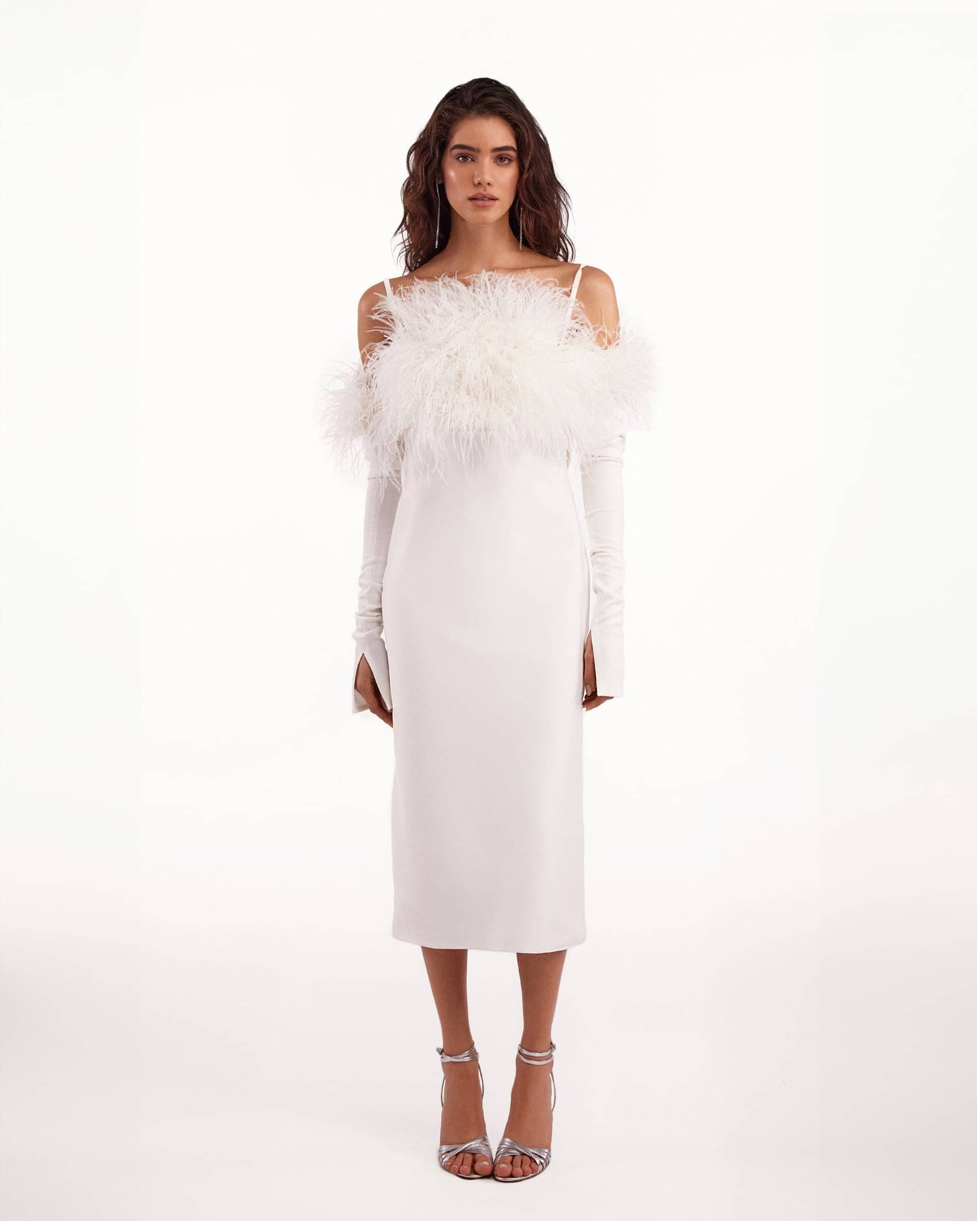 Voguish feather embellished midi dress made by Milla