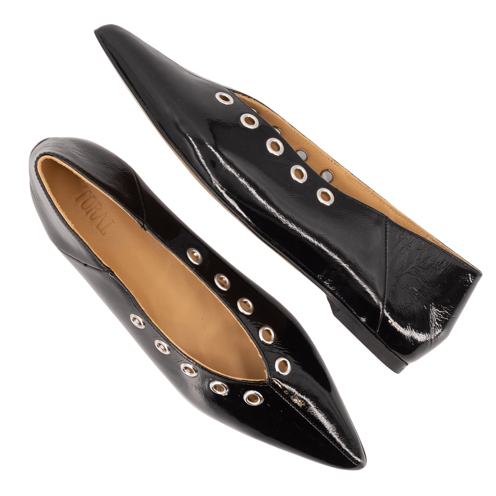MIRANDA BLACK PATENT BALLERINAS made by Toral