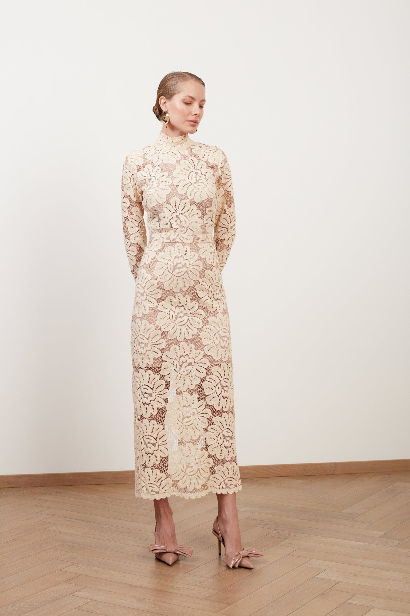 ELENA cream floral lace midi dress with turtleneck made by UNDRESS