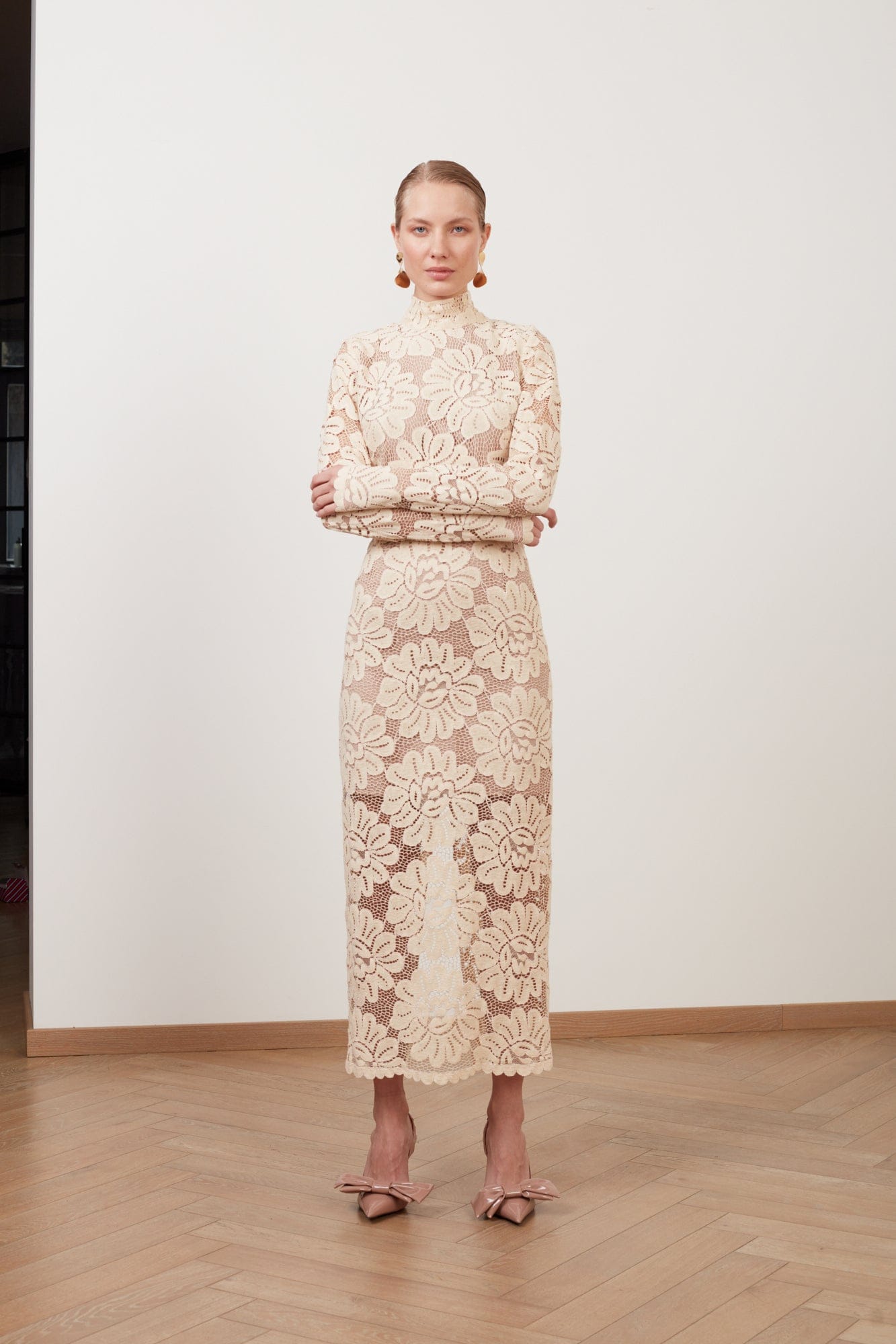 ELENA cream floral lace midi dress with turtleneck made by UNDRESS