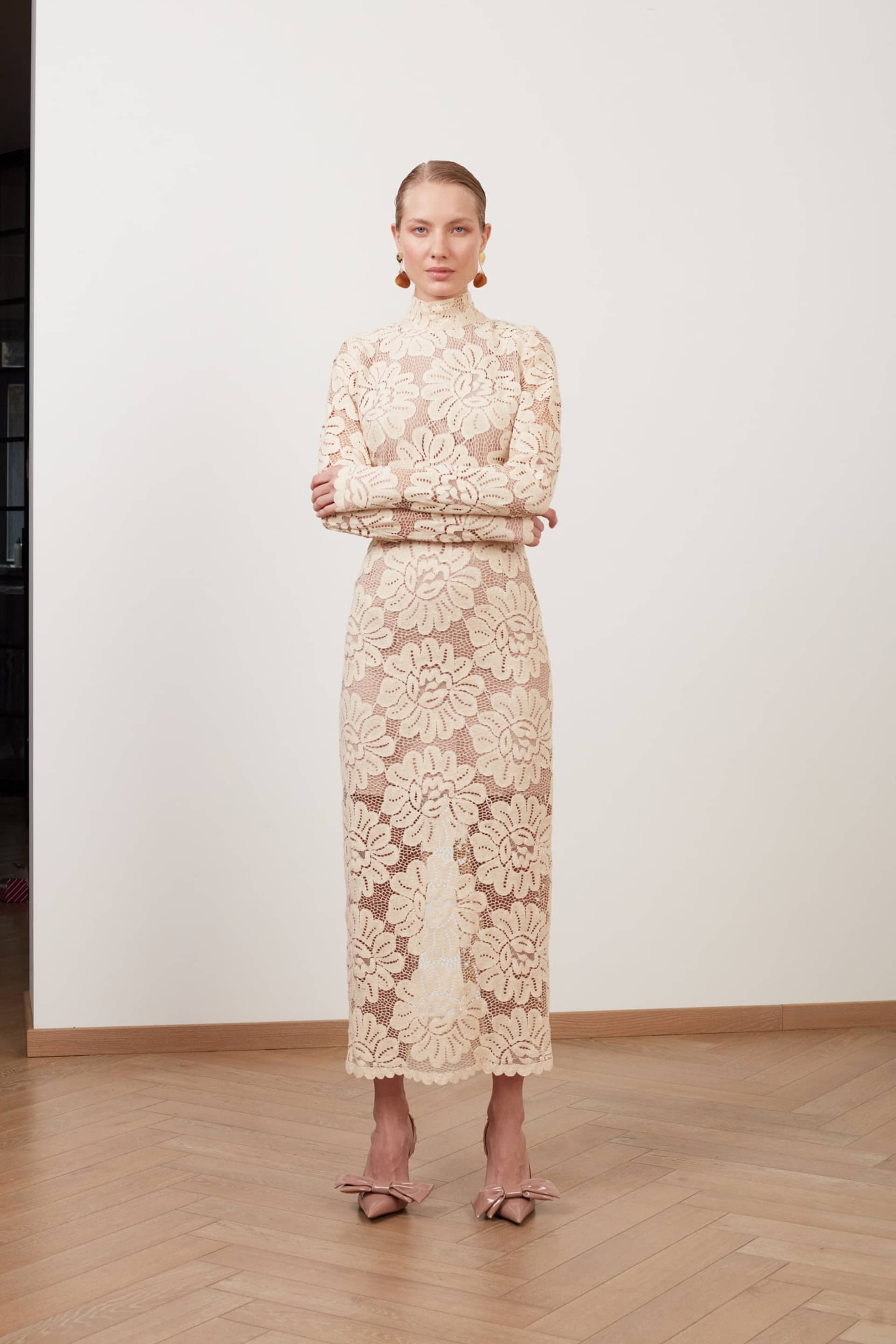 ELENA cream floral lace midi dress with turtleneck made by UNDRESS