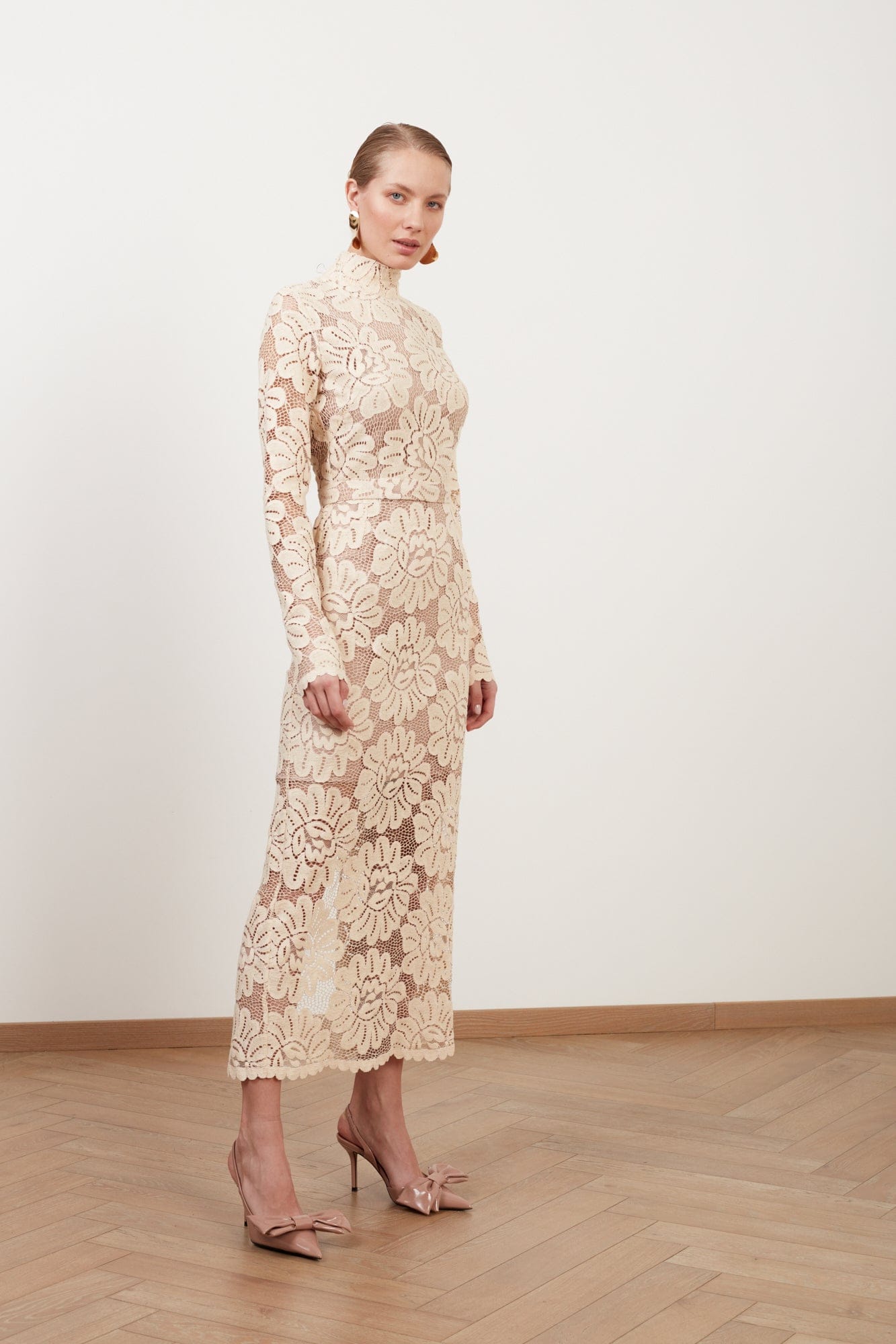ELENA cream floral lace midi dress with turtleneck made by UNDRESS
