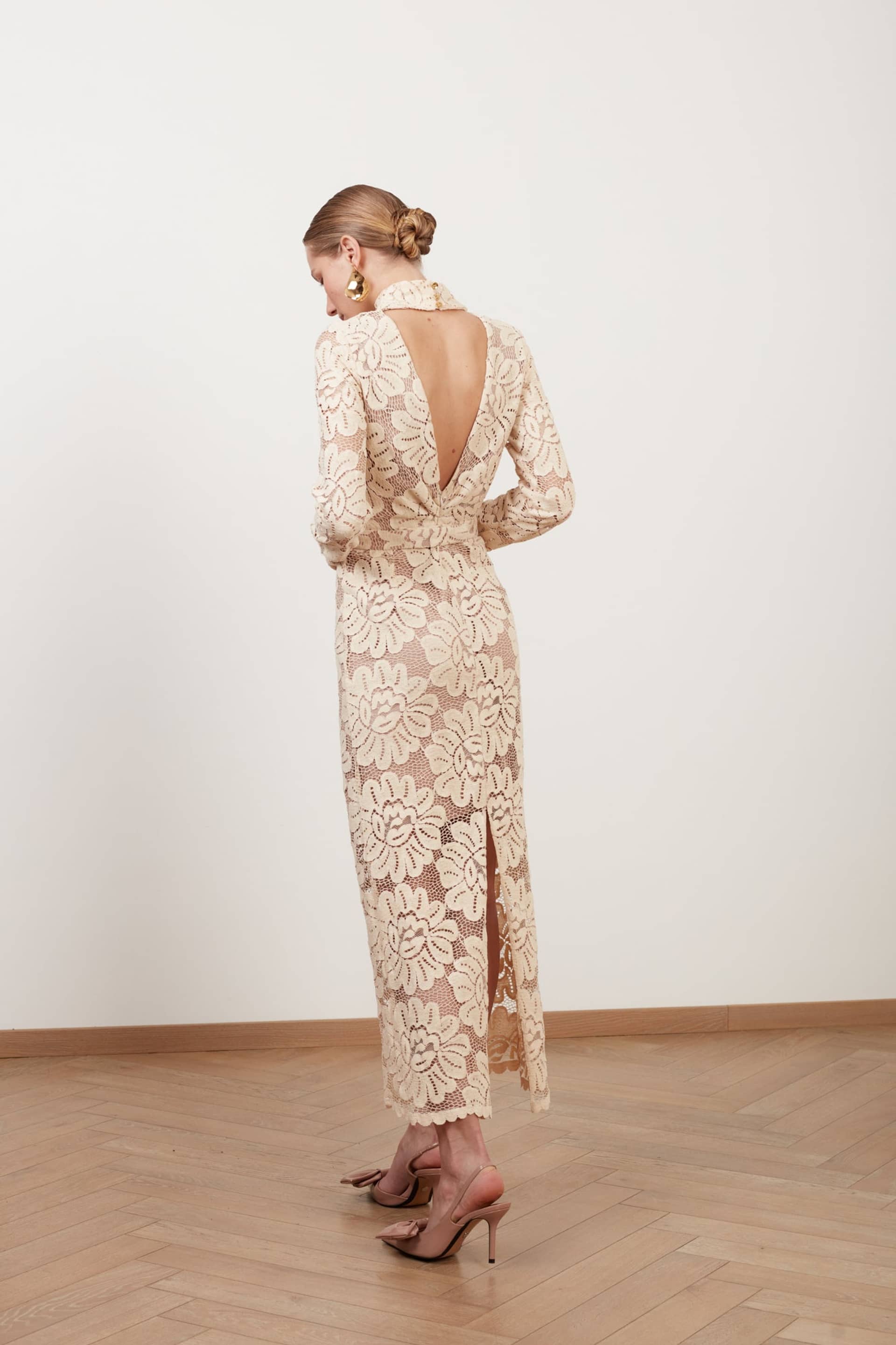 ELENA cream floral lace midi dress with turtleneck made by UNDRESS