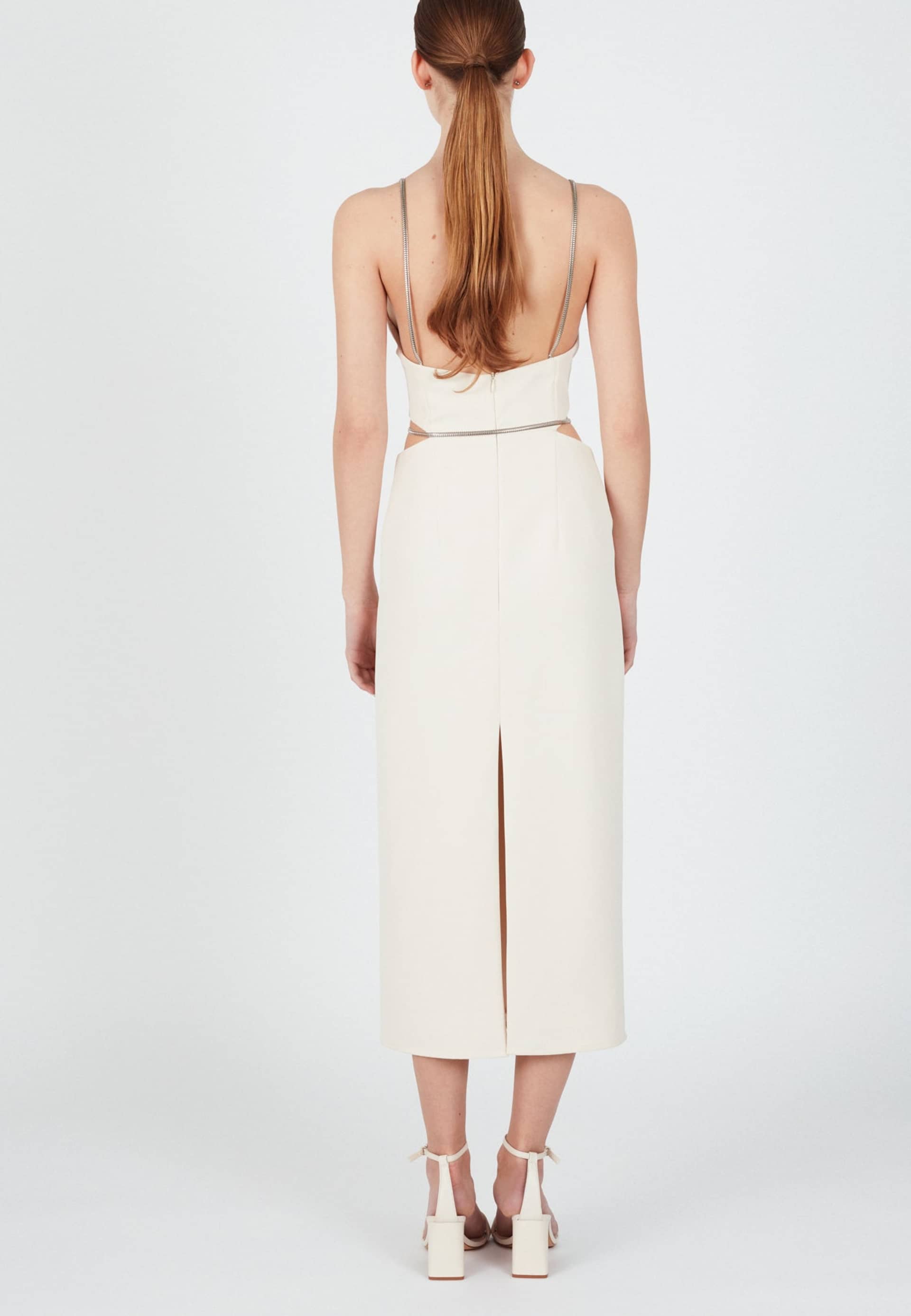 ALMA cream midi dress with flat snake chain braces in White made by UNDRESS