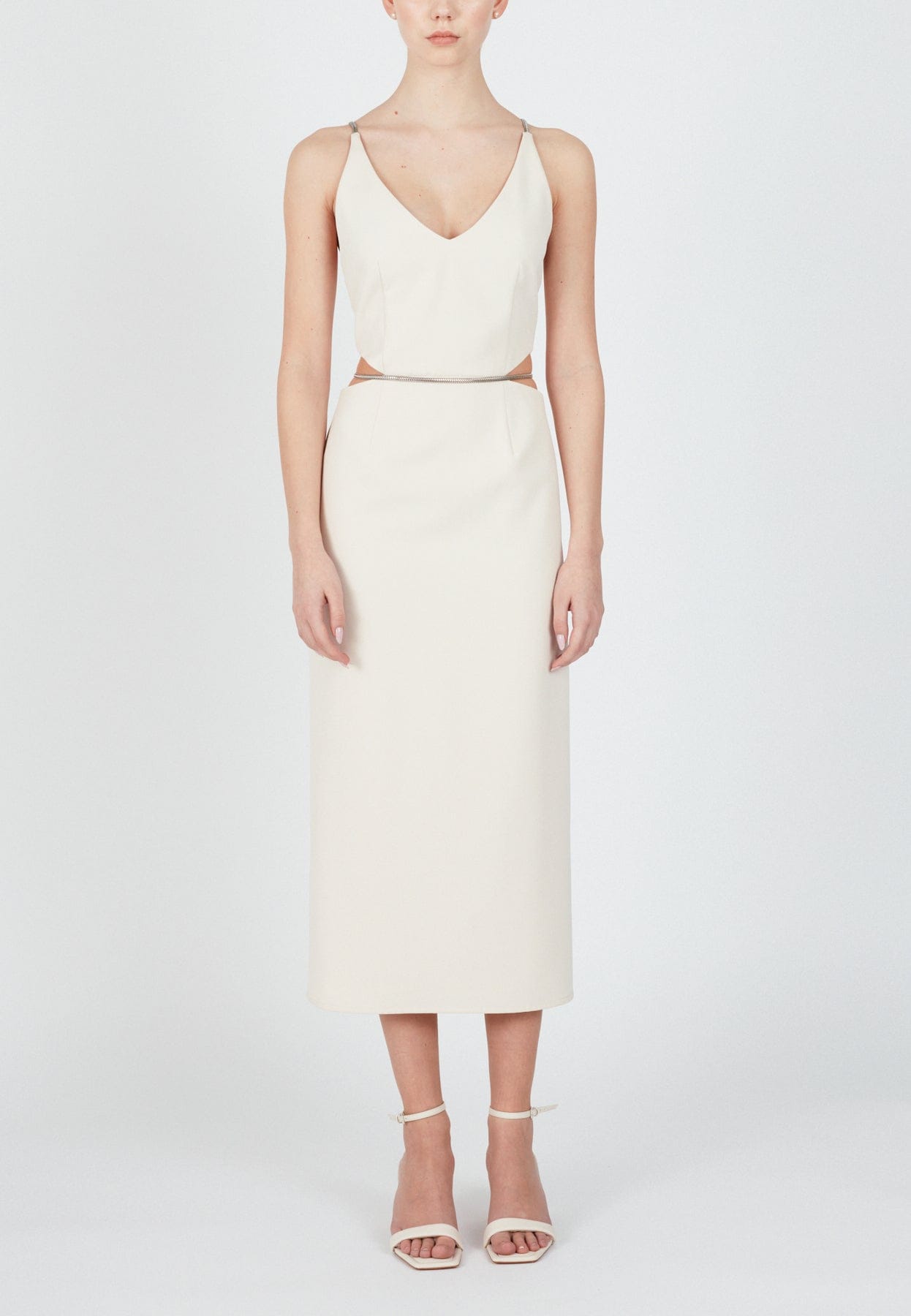 ALMA cream midi dress with flat snake chain braces in White made by UNDRESS