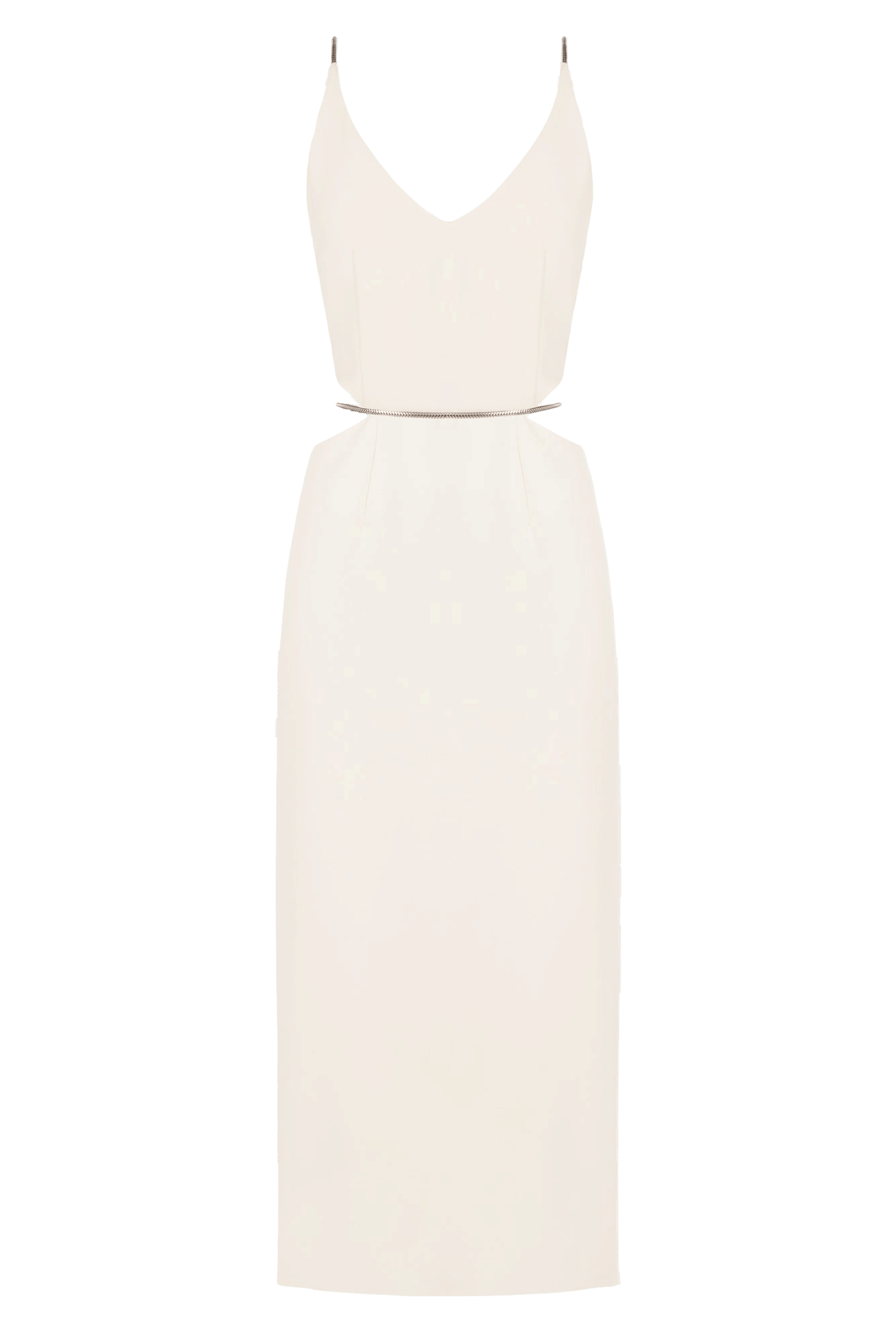 ALMA cream midi dress with flat snake chain braces in White made by UNDRESS