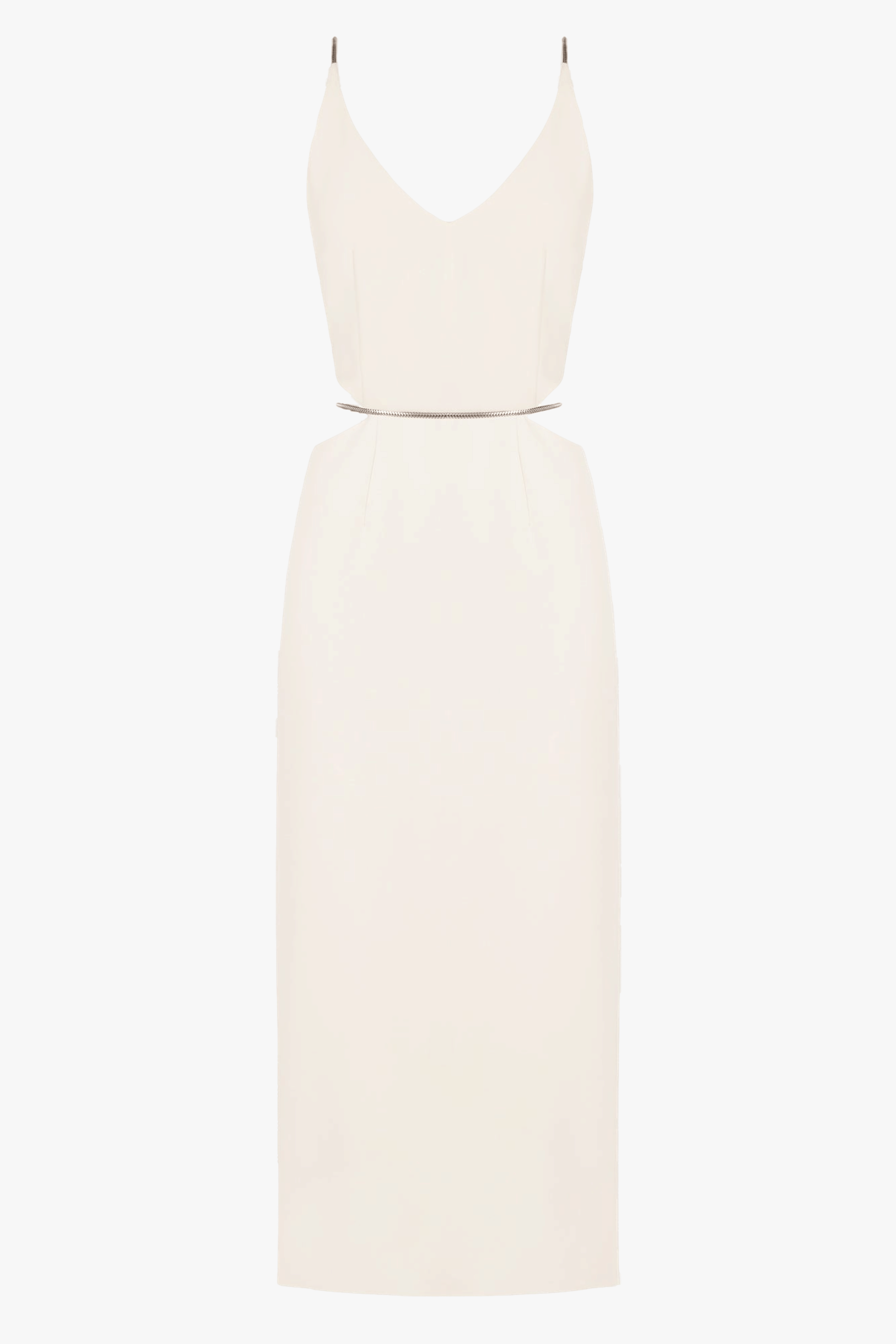 ALMA cream midi dress with flat snake chain braces in White made by UNDRESS
