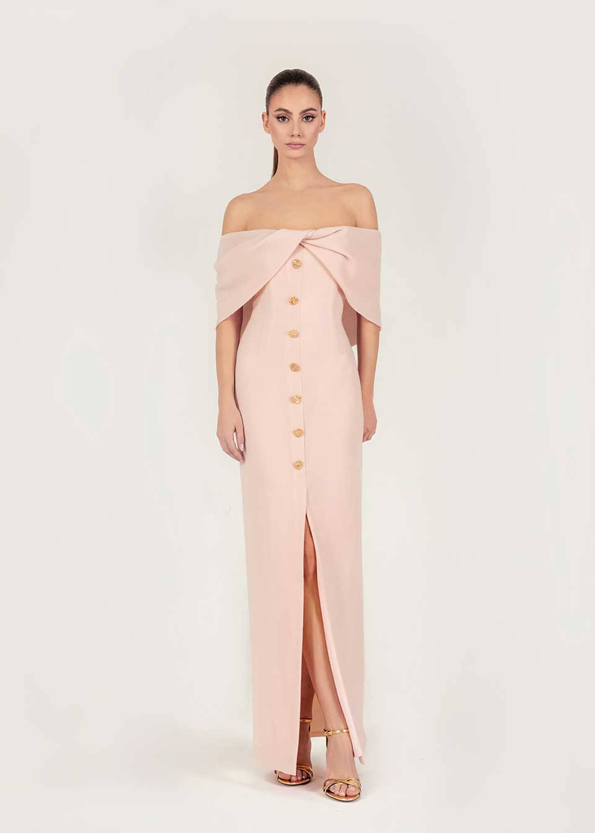 Wool crepe off-shoulder dress made by Monika Dimova