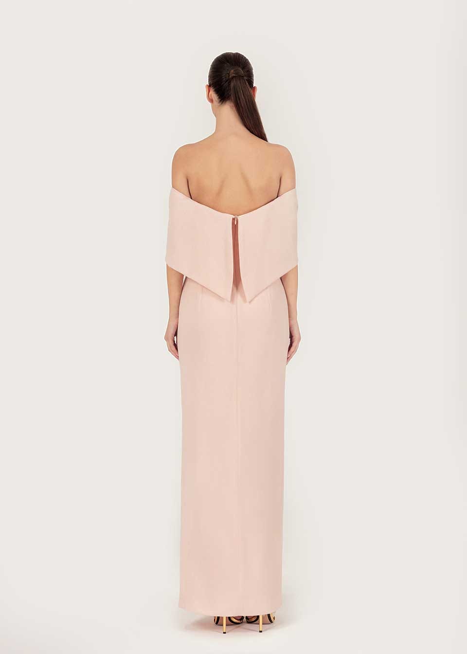 Wool crepe off-shoulder dress made by Monika Dimova