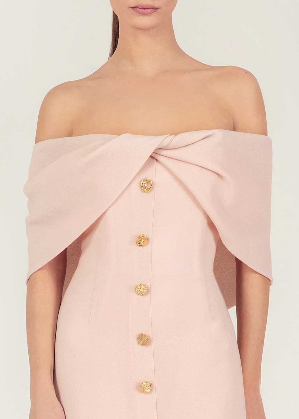 Wool crepe off-shoulder dress made by Monika Dimova