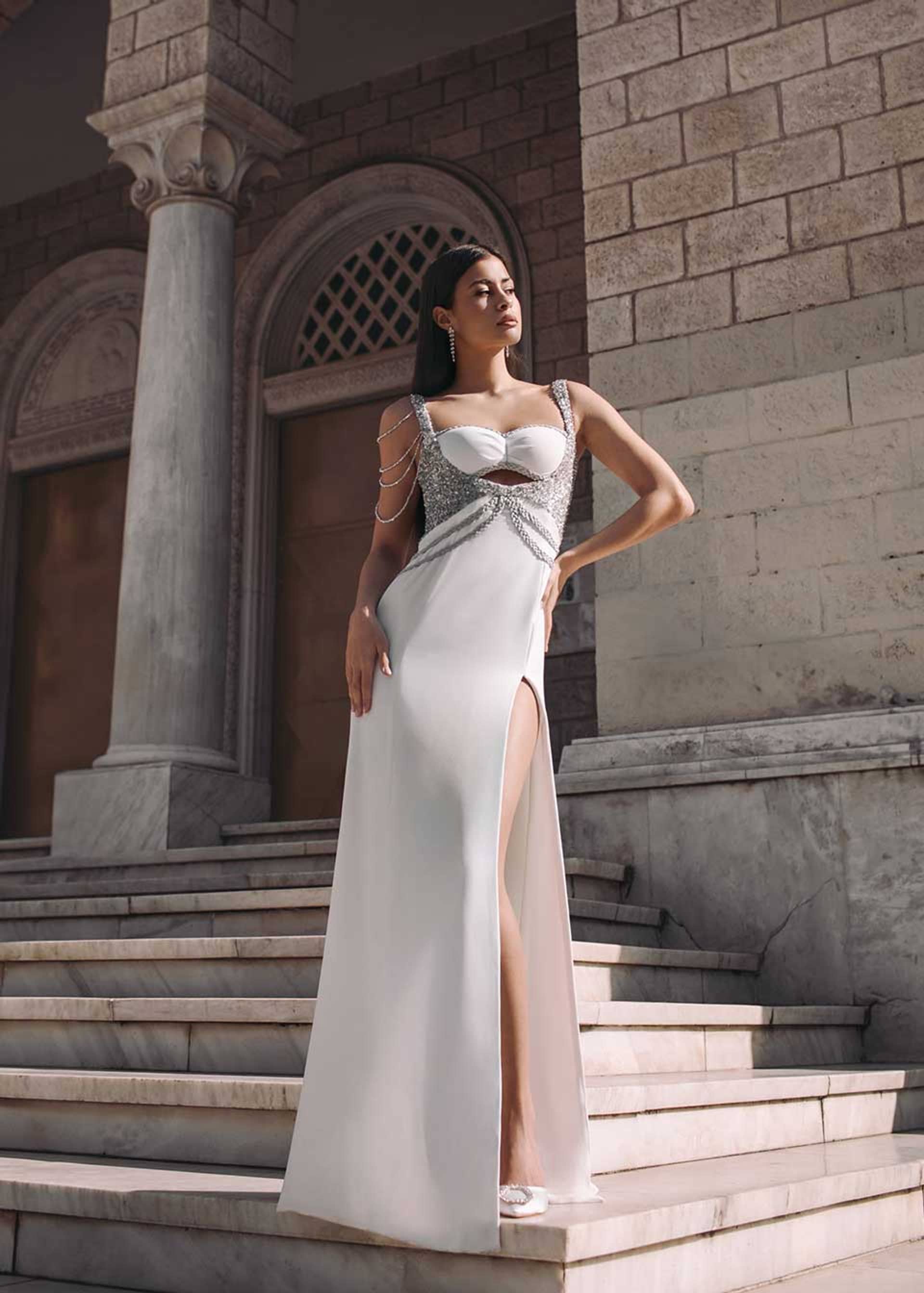 White crystal-embellished maxi dress made by Monika Dimova
