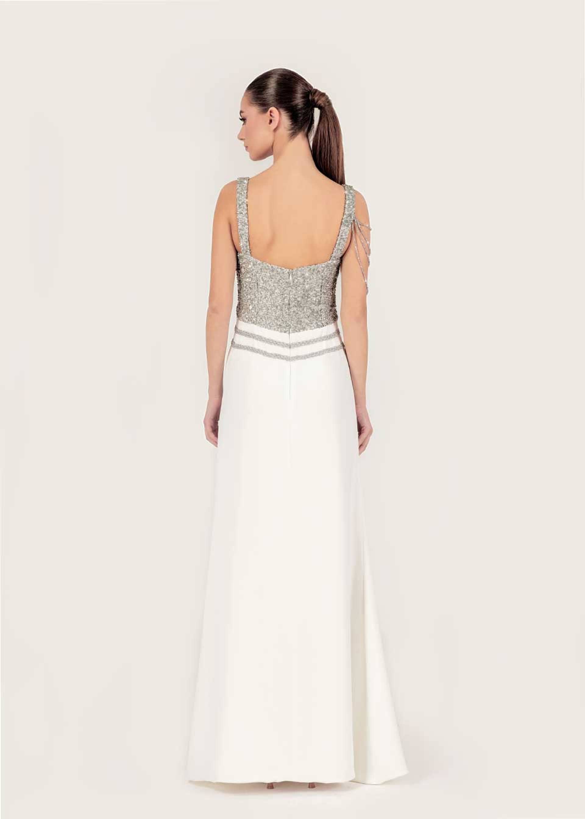 White crystal-embellished maxi dress made by Monika Dimova