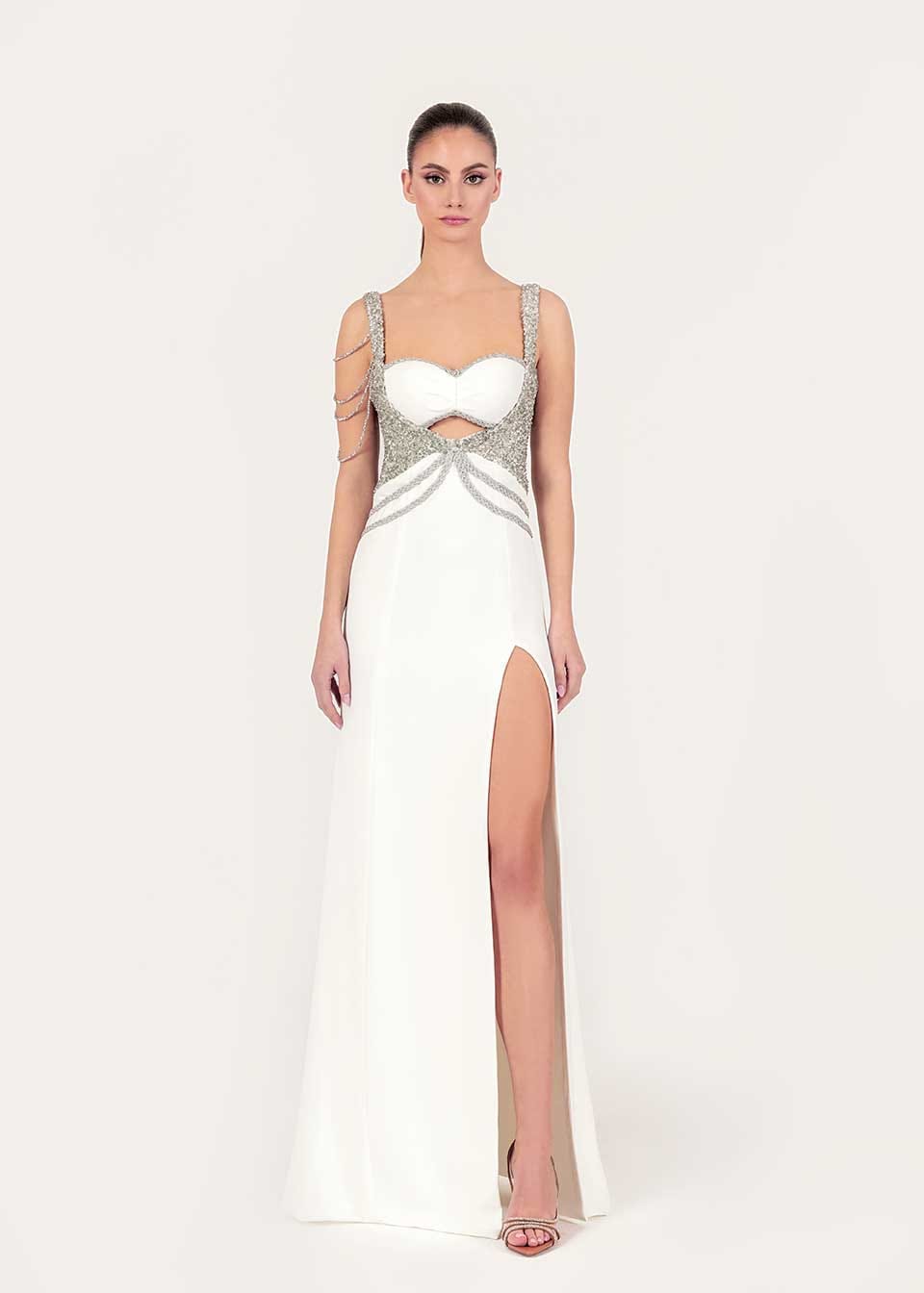 White crystal-embellished maxi dress made by Monika Dimova