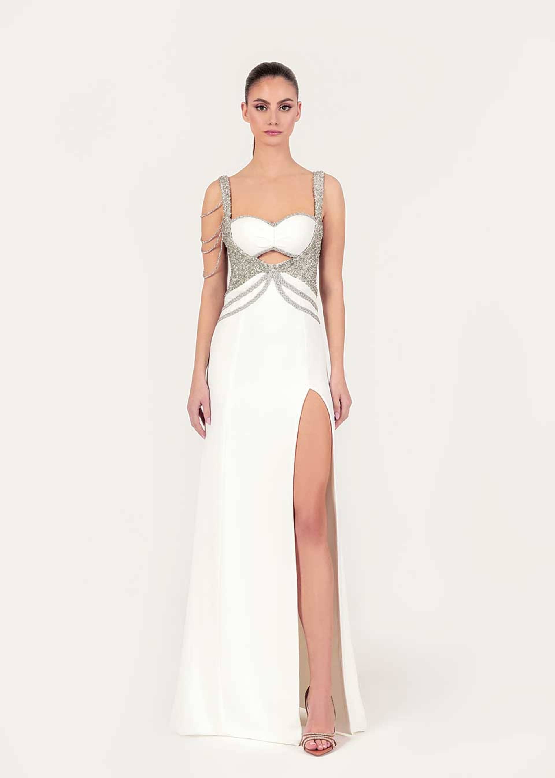White crystal-embellished maxi dress made by Monika Dimova