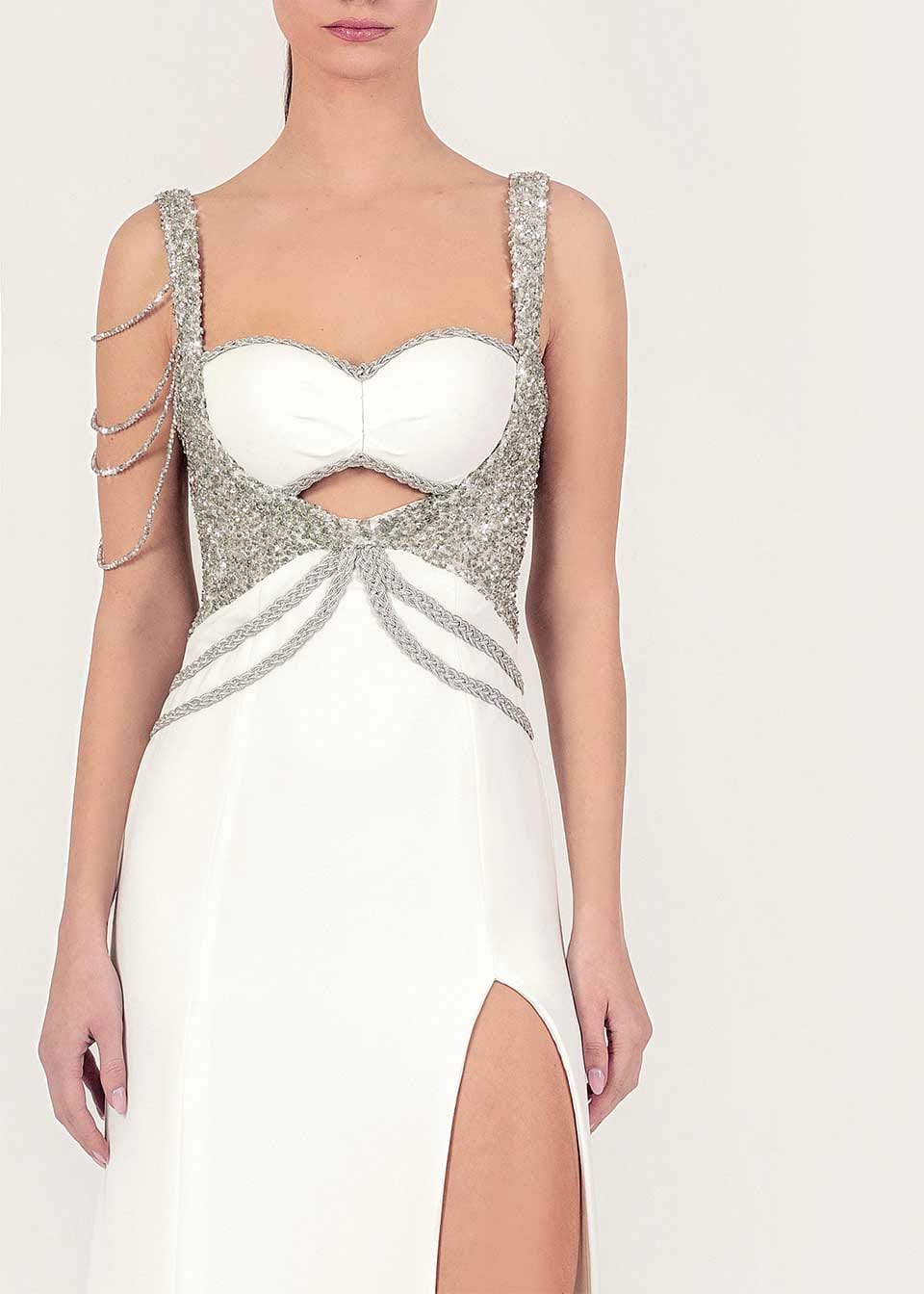 White crystal-embellished maxi dress made by Monika Dimova