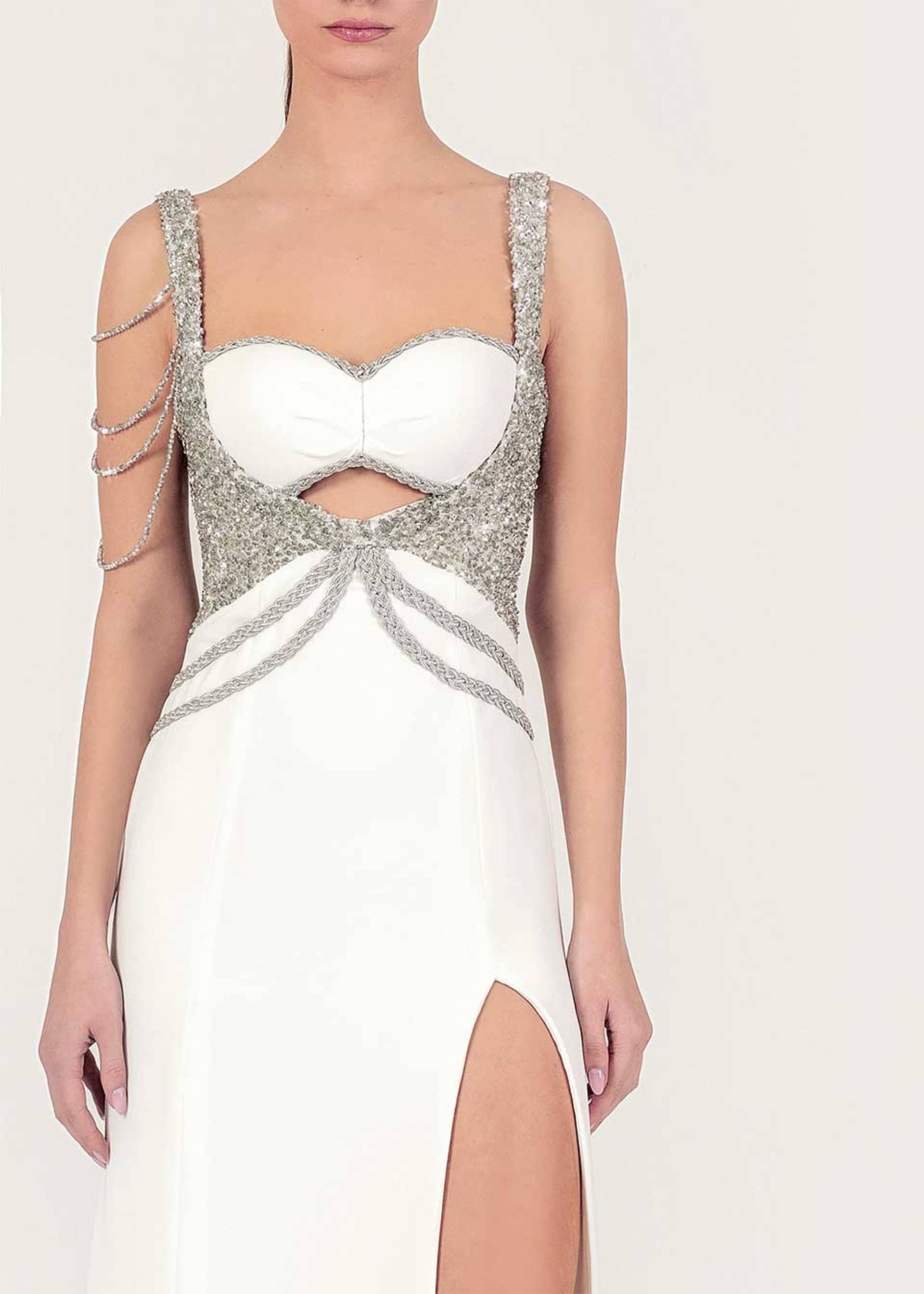 White crystal-embellished maxi dress made by Monika Dimova