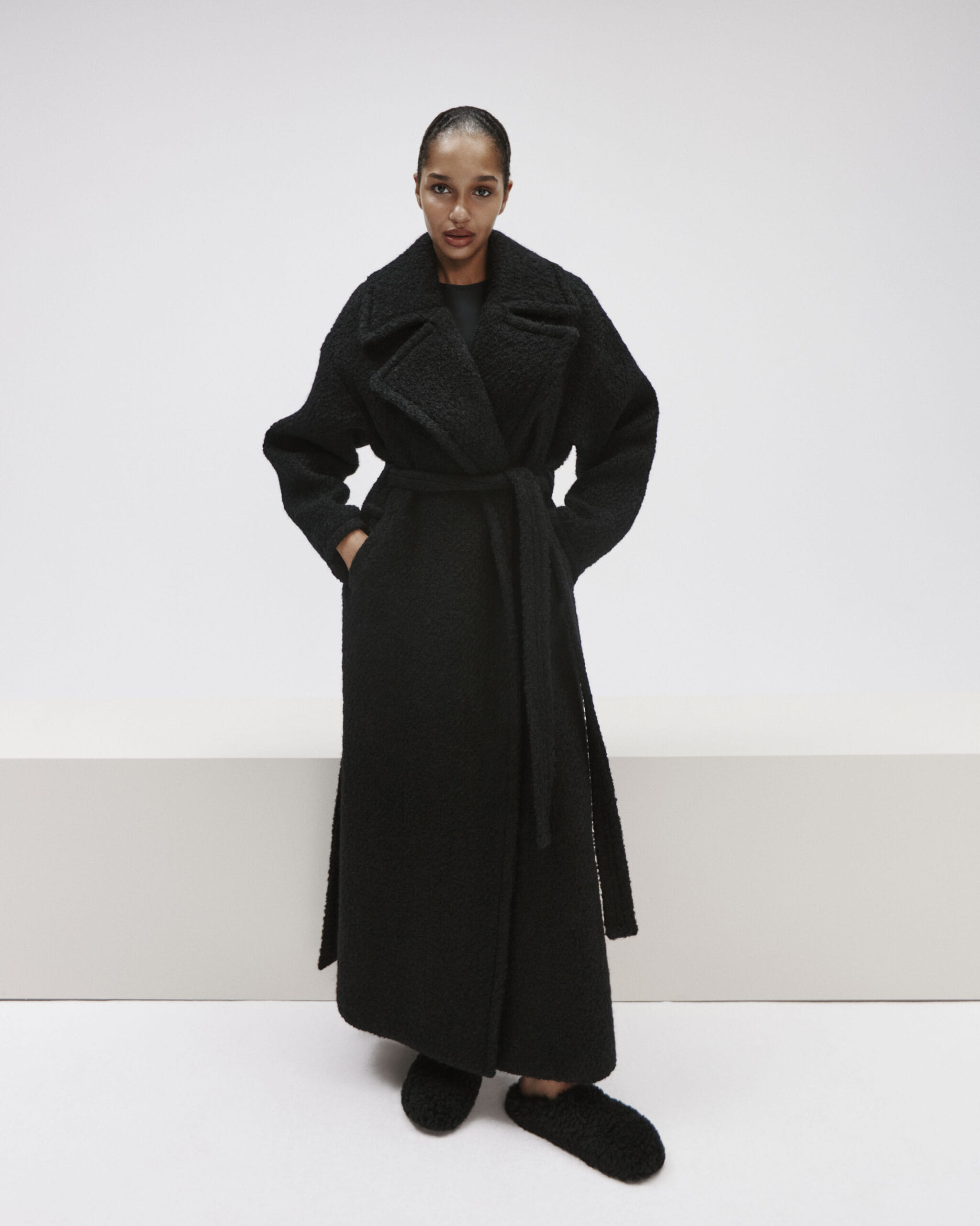 Long Boucle Coat With Belt made by YAVORSKA